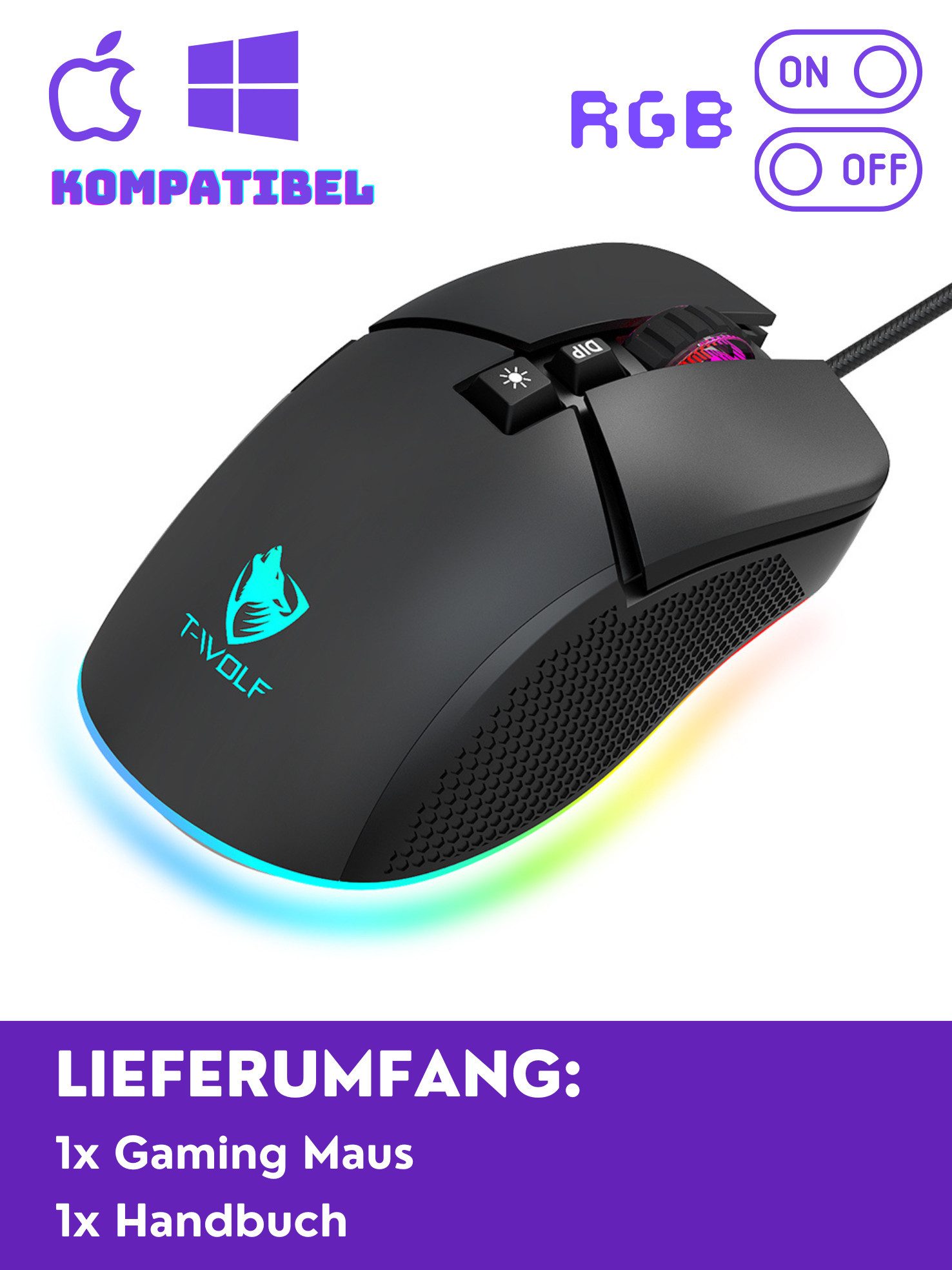S&T Design RGB Gaming Maus Schwarz Kabelgebunden Leicht 13 RGB Lichtmodi Gaming-Maus (kabelgebunden, 7200 dpi, Ergonomisch, optische Maus, USB Plug & Play, Windows 11 & MacOS)