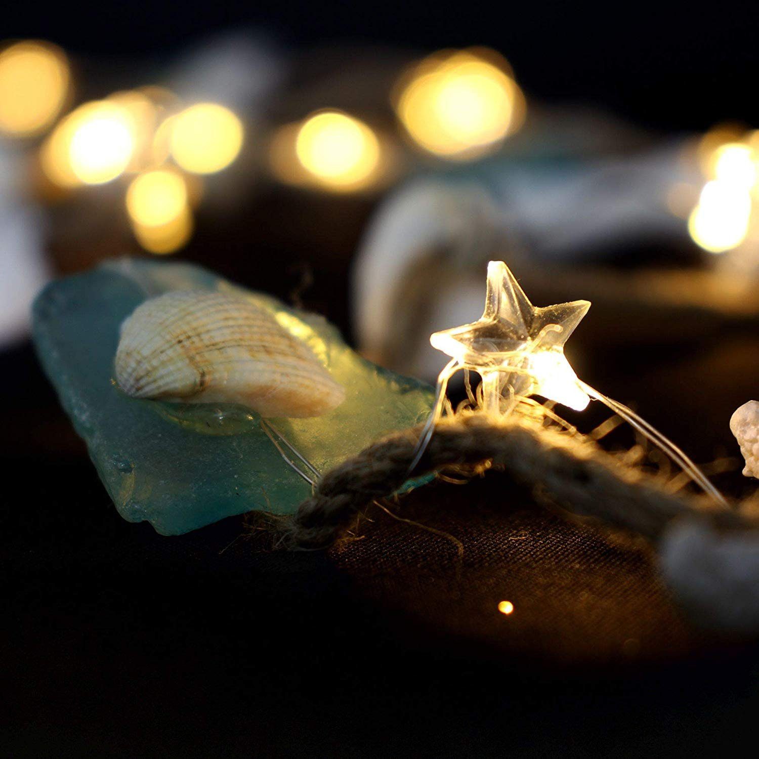 "Ocean" LED-Lichterkette leuchtende LEDs und warmweiß 20 Dekoleidenschaft mit Muscheln dekoriert 20-flammig, Seesternen,