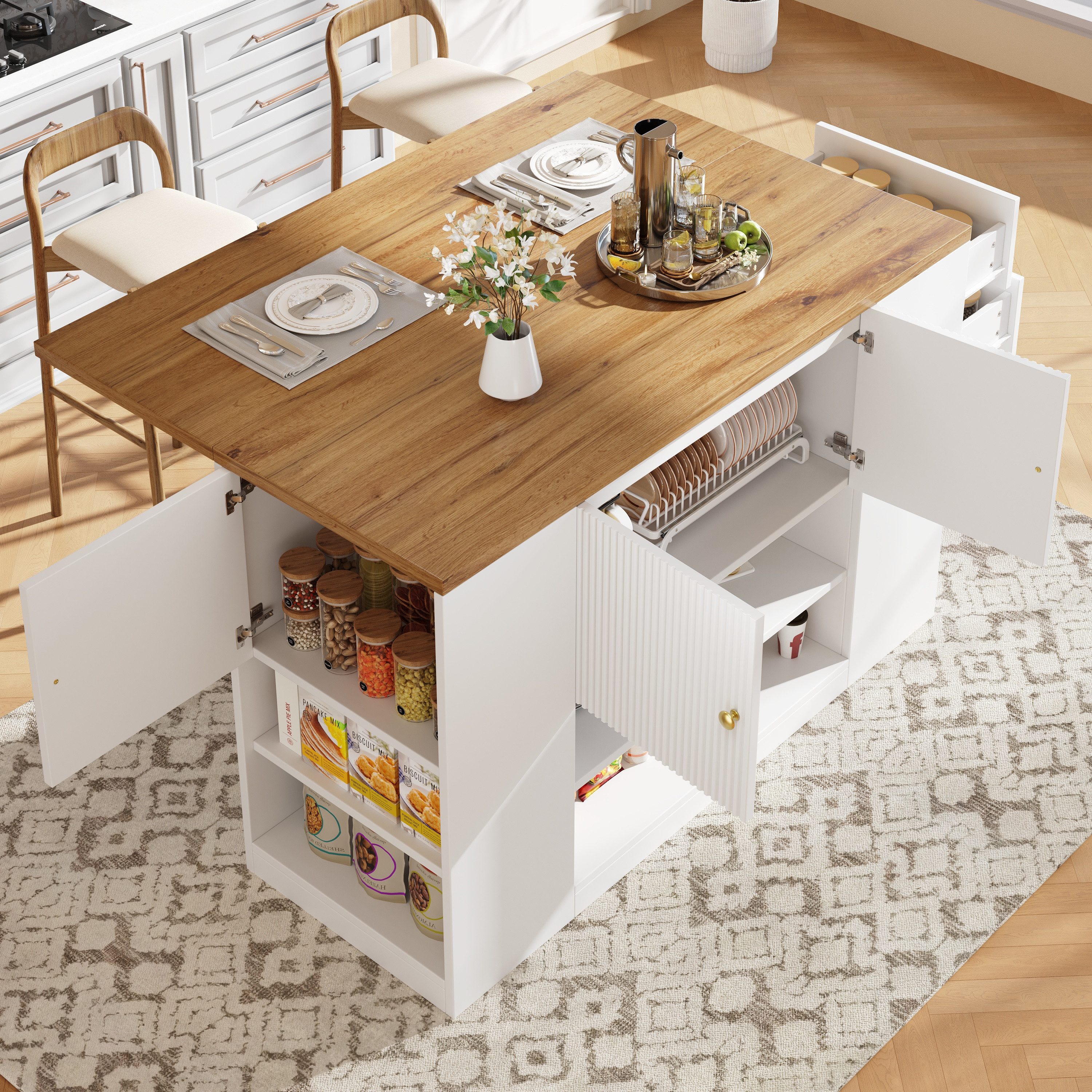 Flieks Кухниinsel mit erweiterbarer Arbeitsplatte, (klappbare Tischplatte, B140/H90/T40-70 cm), Кухниschrank mit Schubladen und Regalen Buffetschrank Sideboard