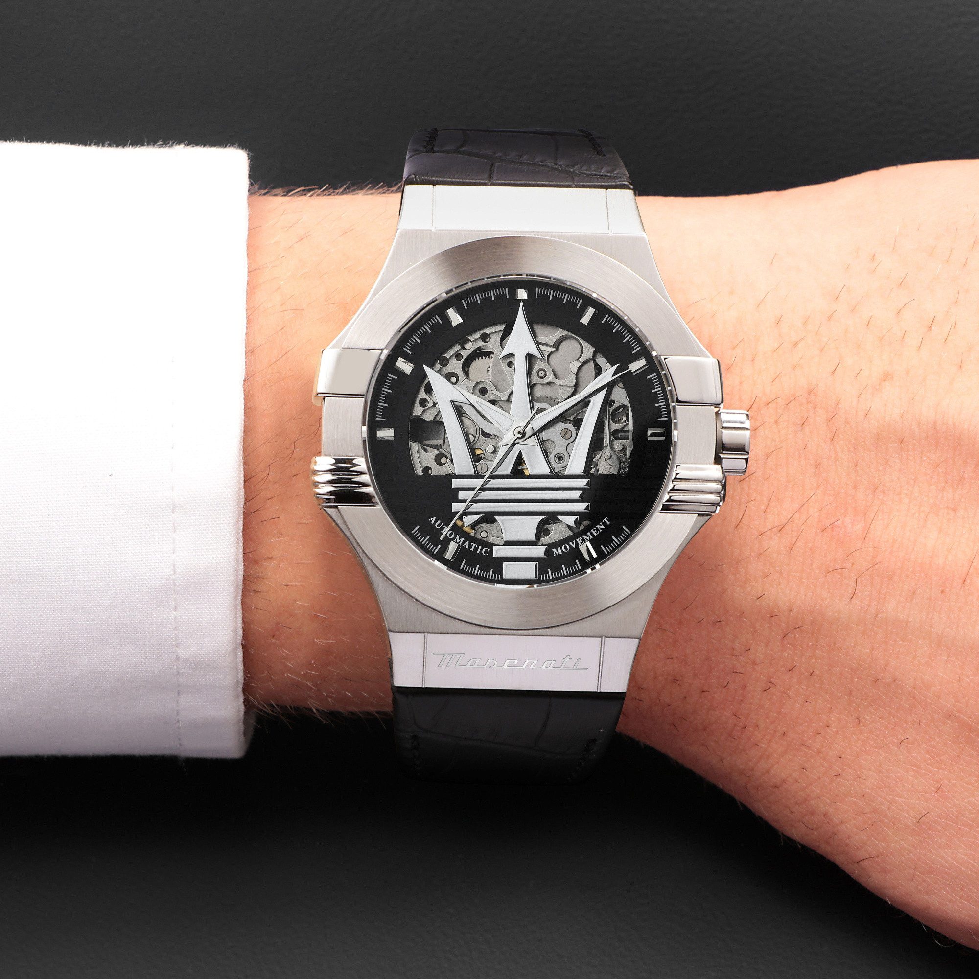 MASERATI Automatikuhr Potenza R8821108052, 42 mm – Herrenuhr mit skelettiertem Zifferblatt, & schwarzem Lederarmband