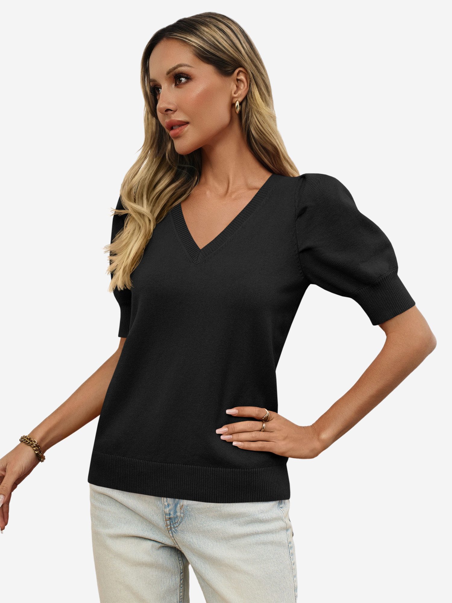 Imily Bela Stricktop Damen Halbarm Puffärmel V-Ausschnitt Top Stricken Sommer Casual (Packung, 1-tlg., 1per-Pack) gehäkelt in Unifarbe – Bild 4 von 5