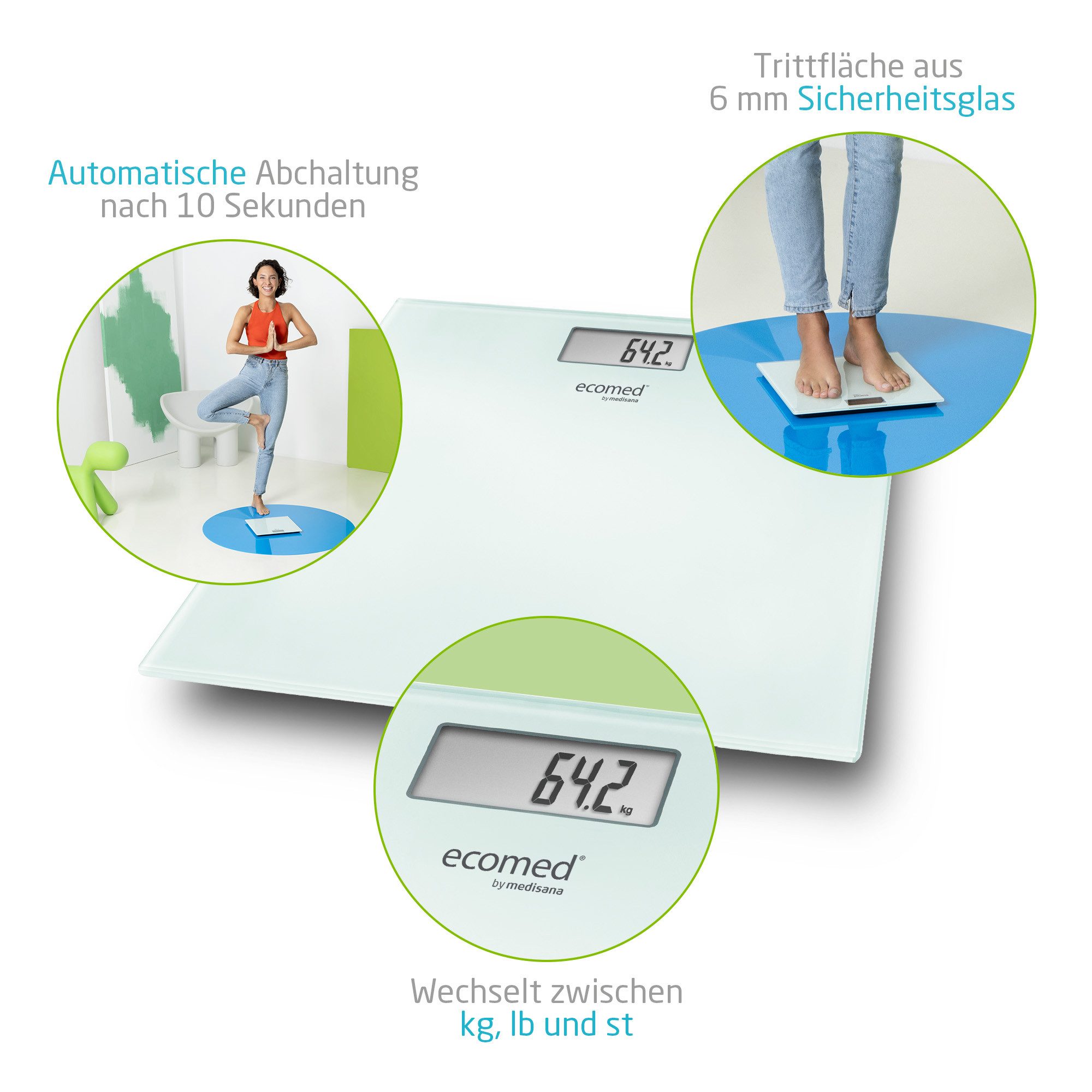 medisana Personenwaage PS-72E, Trittfläche aus 6mm Sicherheitsglas, max.150 kg Tragkraft