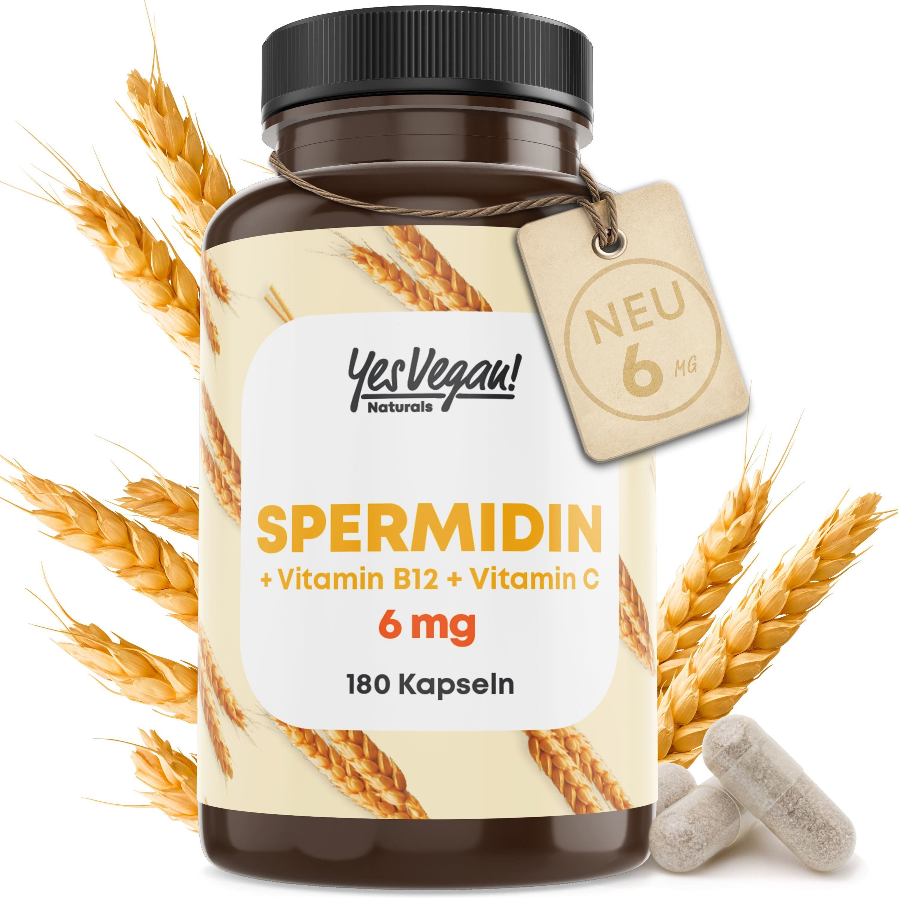 Yes Vegan Spermidin 6 mg + Vitamin C & B12 hochdosiert – 180 Kapseln Kapseln, 1 St., 72 g