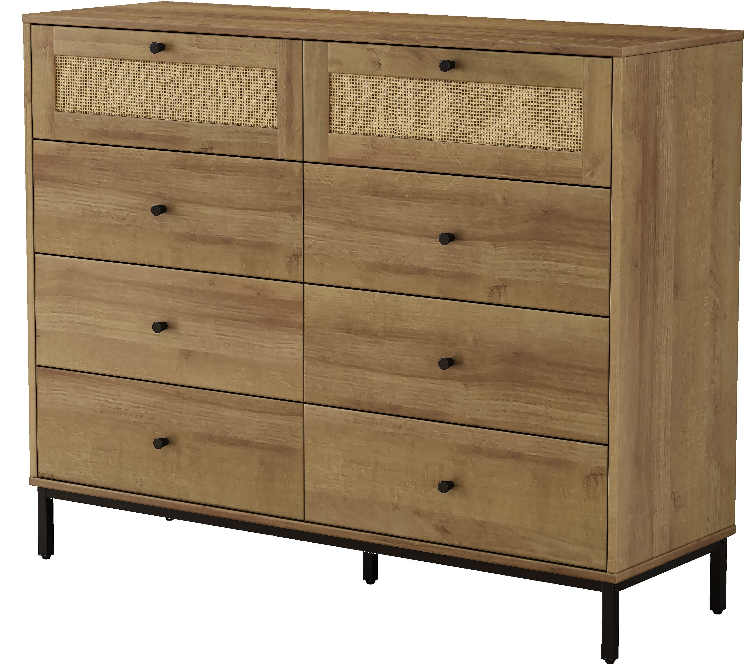 OTTO home Kombikommode Motala Wäsche Schrank mit 8 Schubladen Sideboard BOHO Design (Eichen-Design mit schwarzen Griffen und Geflecht Schubladen), Kommode Schra – Bild 4 von 5