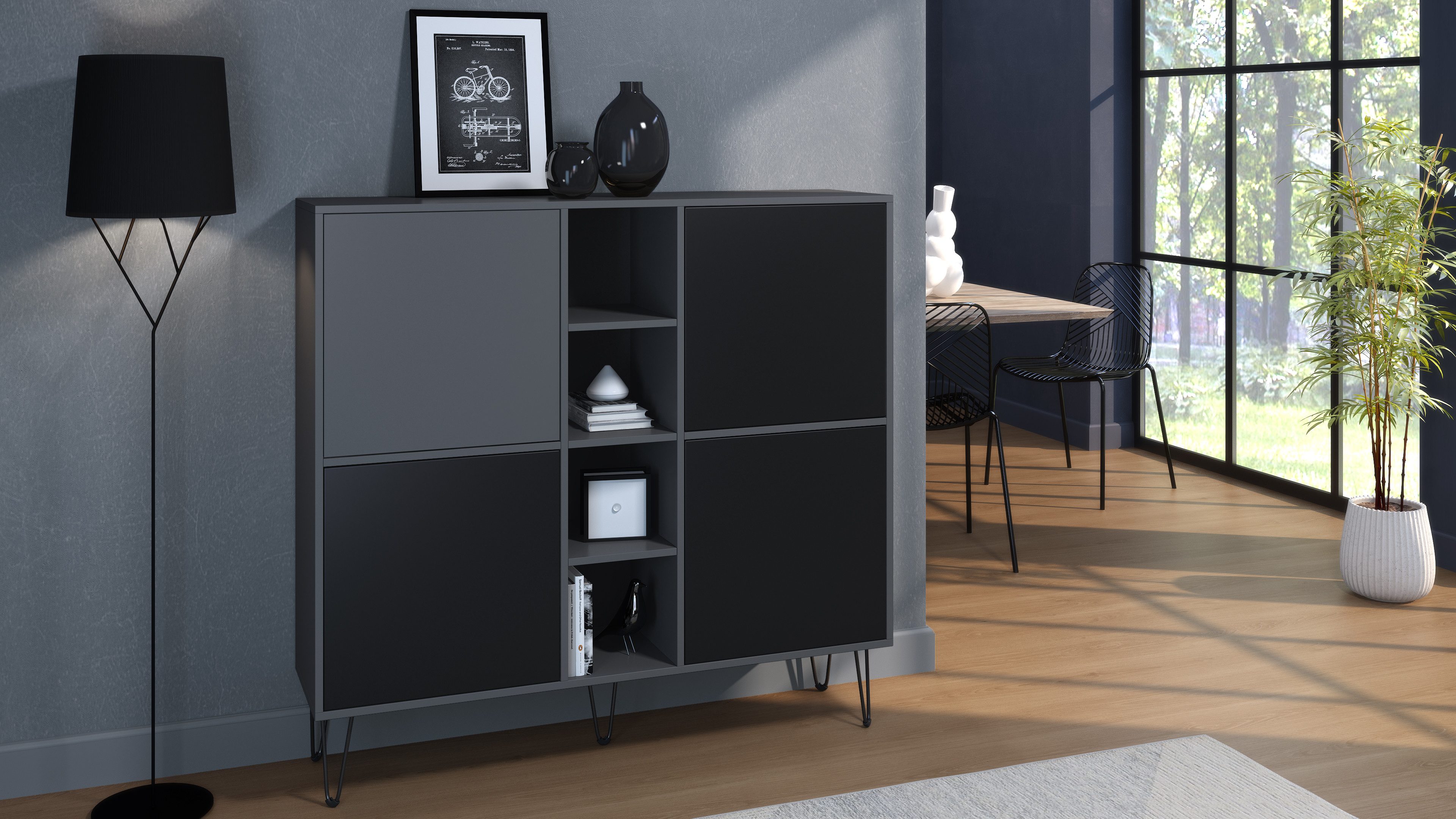 Vladon Highboard Havana V3 (Sideboard mit 4 Türen und 4 offene Fächer, Kommode Made in Germany), Anthrazit matt / Schwarz matt (130,5 x 124 x 35 cm)