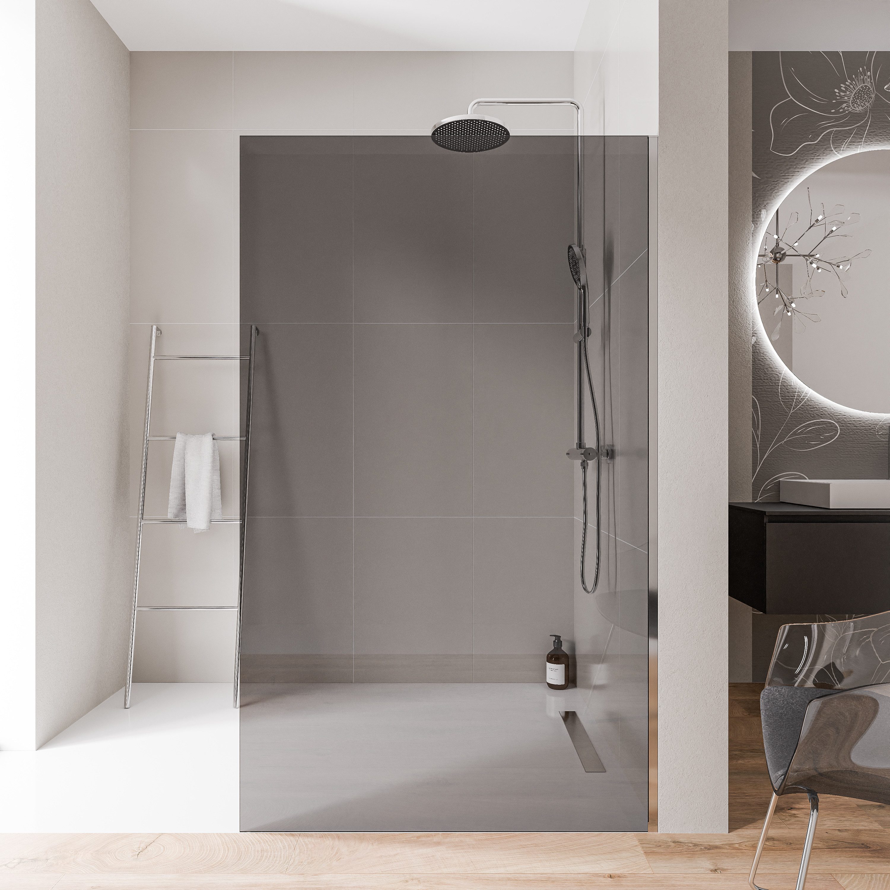 Bernstein Walk-in-Dusche EX102 90x200cm Chrom Grauglas, ESG-Sicherheitsglas, Walk-In Duschwand 10mm Grauglas Chrom 90cm ohne Bodenprofil