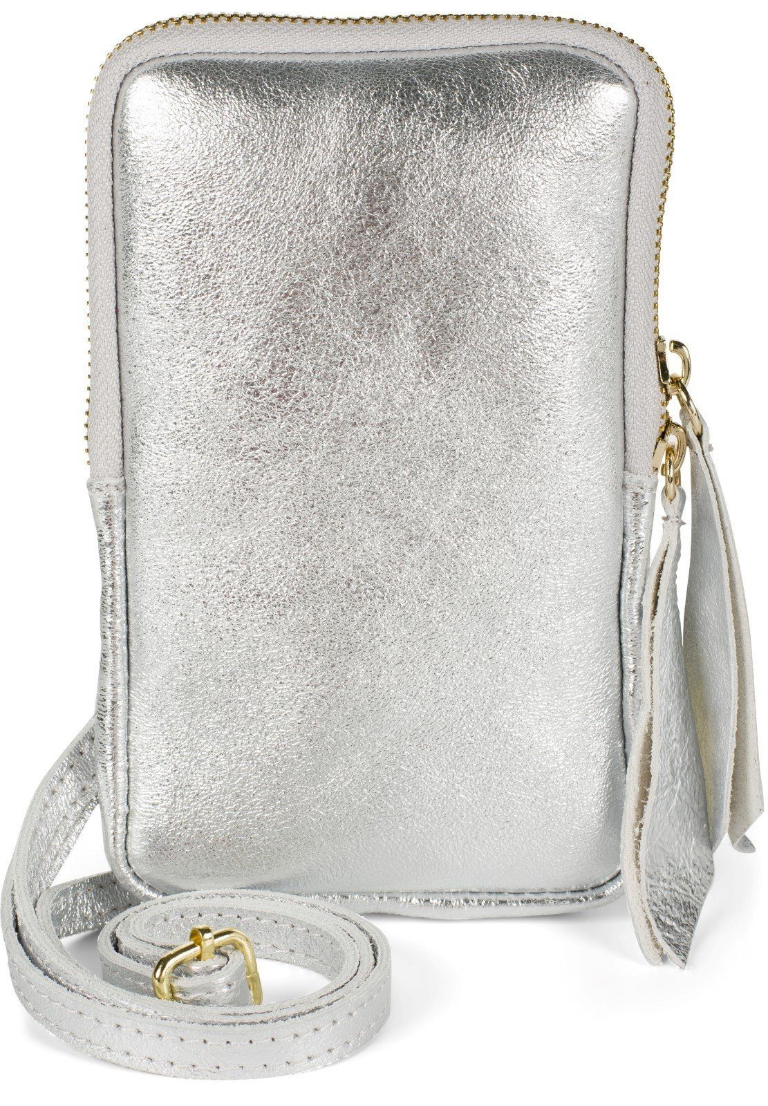 styleBREAKER Mini Bag (1-tlg), Echtleder Handy Umhängetasche Veloursleder Silber