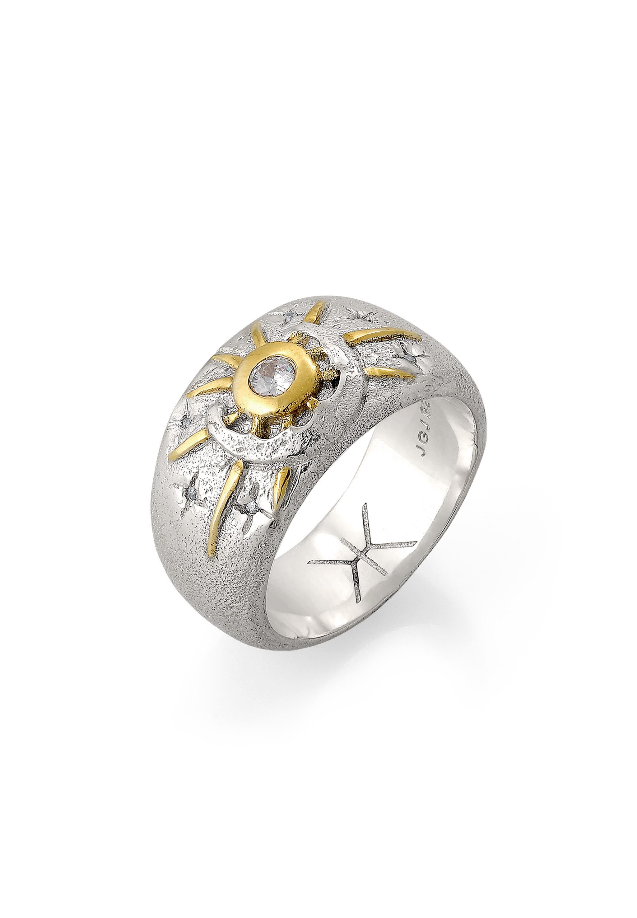 Silberring Sonne Mond Zirkonia Weiß 925 Sterling Silber vergoldet