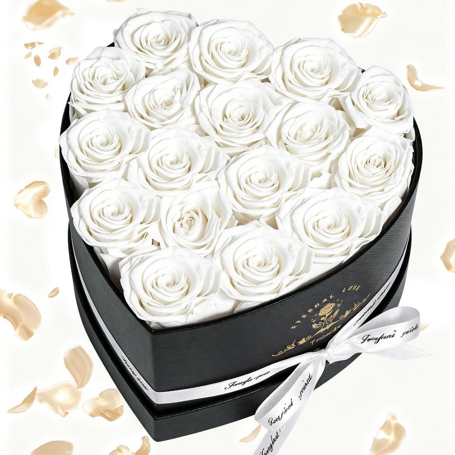Trockenblume Konservierte Rose Herzbox Weiss Ewige Rose, LuxusKollektion, Höhe 18 cm