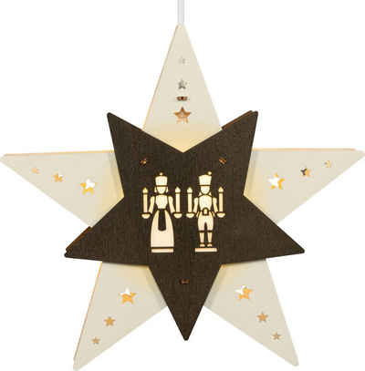 Weigla LED Stern Fensterbild "Engel und Bergmannn" in Sternform, LED wechselbar, Weihnachtsdeko aus Holz, Erzgebirge