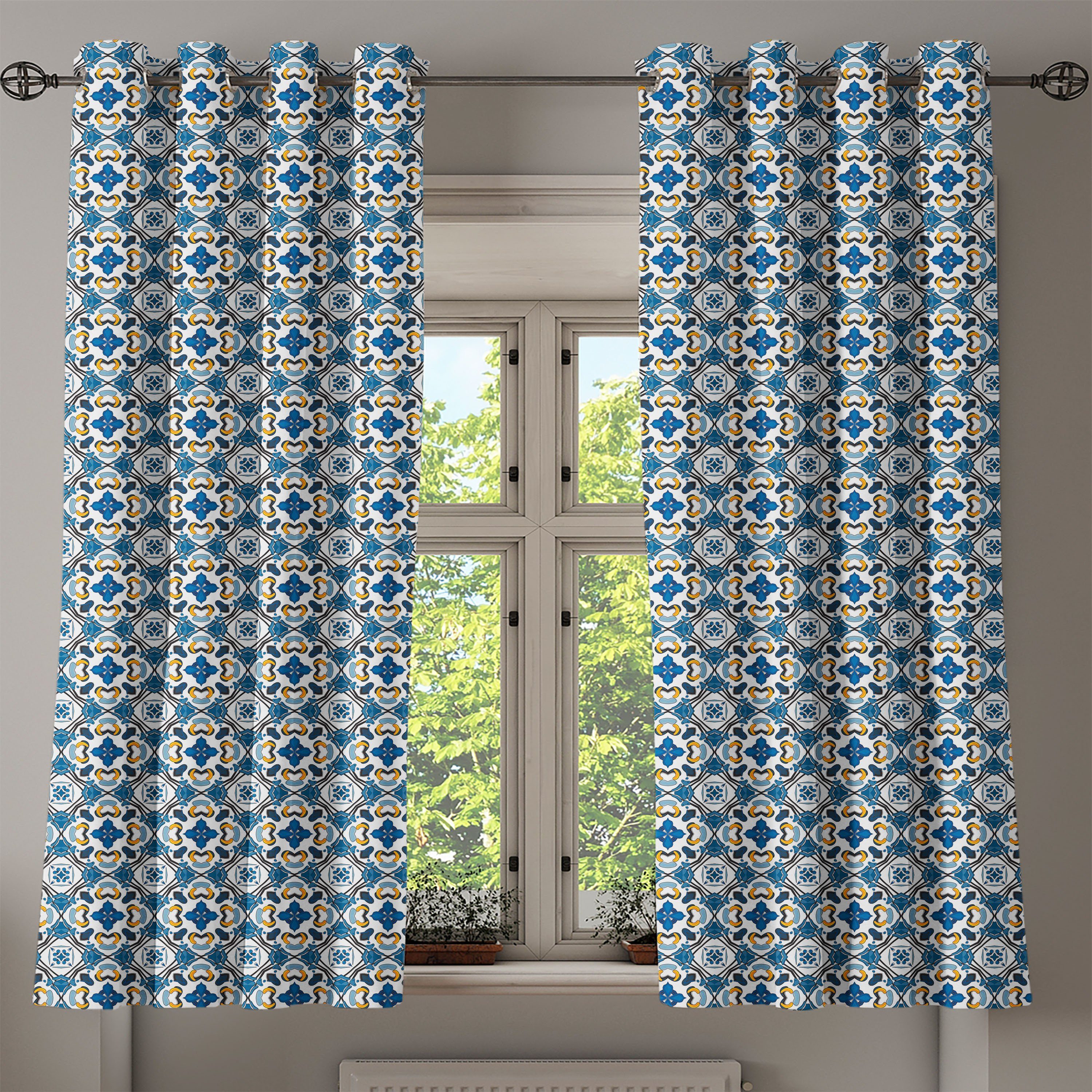 2-Panel-Fenstervorhänge für traditionell Wohnzimmer, Dekorative Schlafzimmer Gardine Abakuhaus, Portugiesisch Tilework