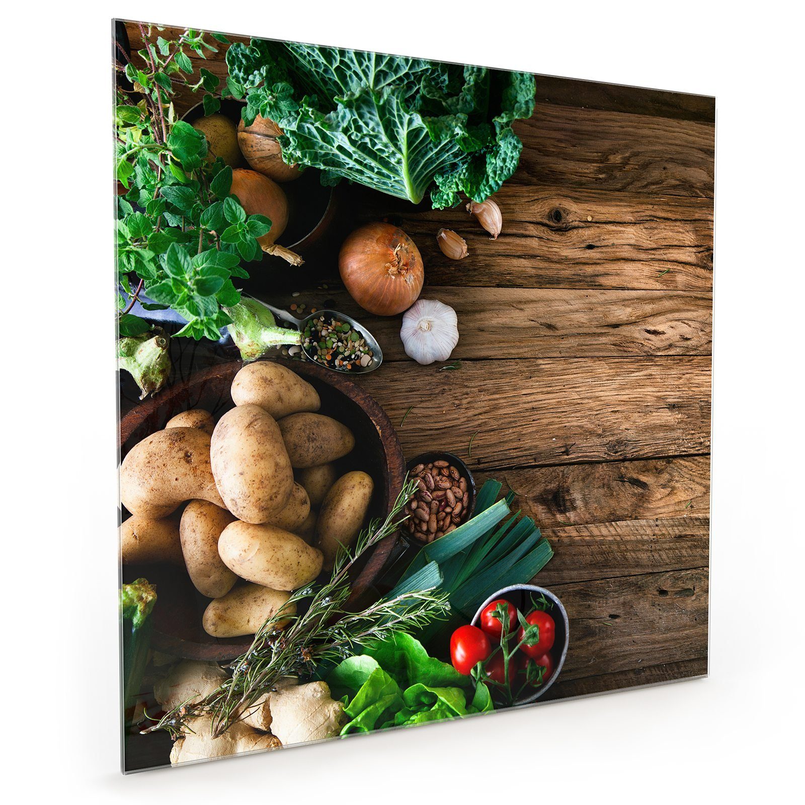 Primedeco Küchenrückwand Spritzschutz Glas Gemüse auf Holzplatte