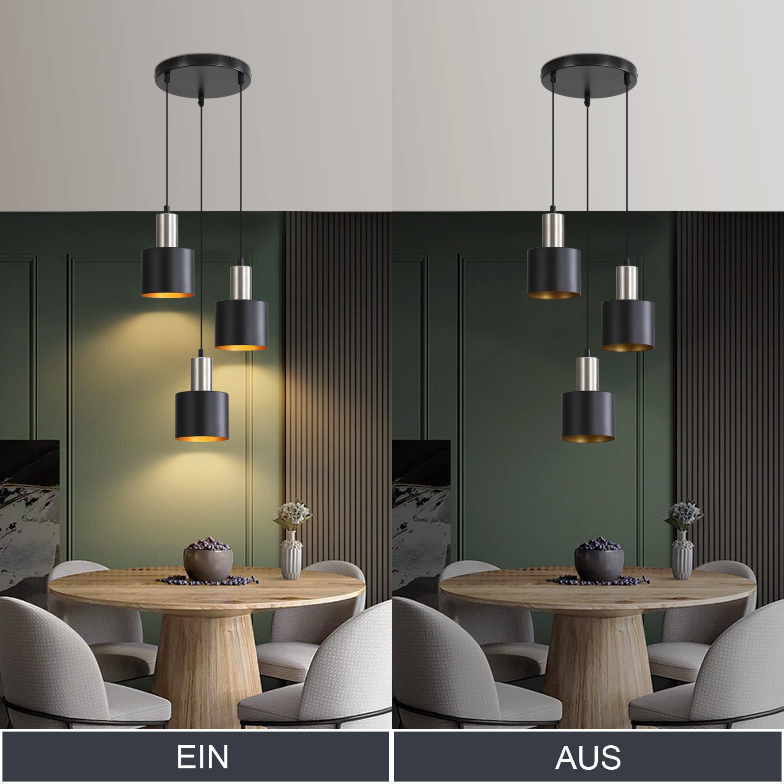 Nettlife Hängeleuchte Schwarz Vintage 1/2/3 Flammig Esstisch E27 Pendelleuchte, Höhenverstellbar, LED wechselbar, Metall Pendelleuchte Essbereich Hängelampe – Bild 5 von 5