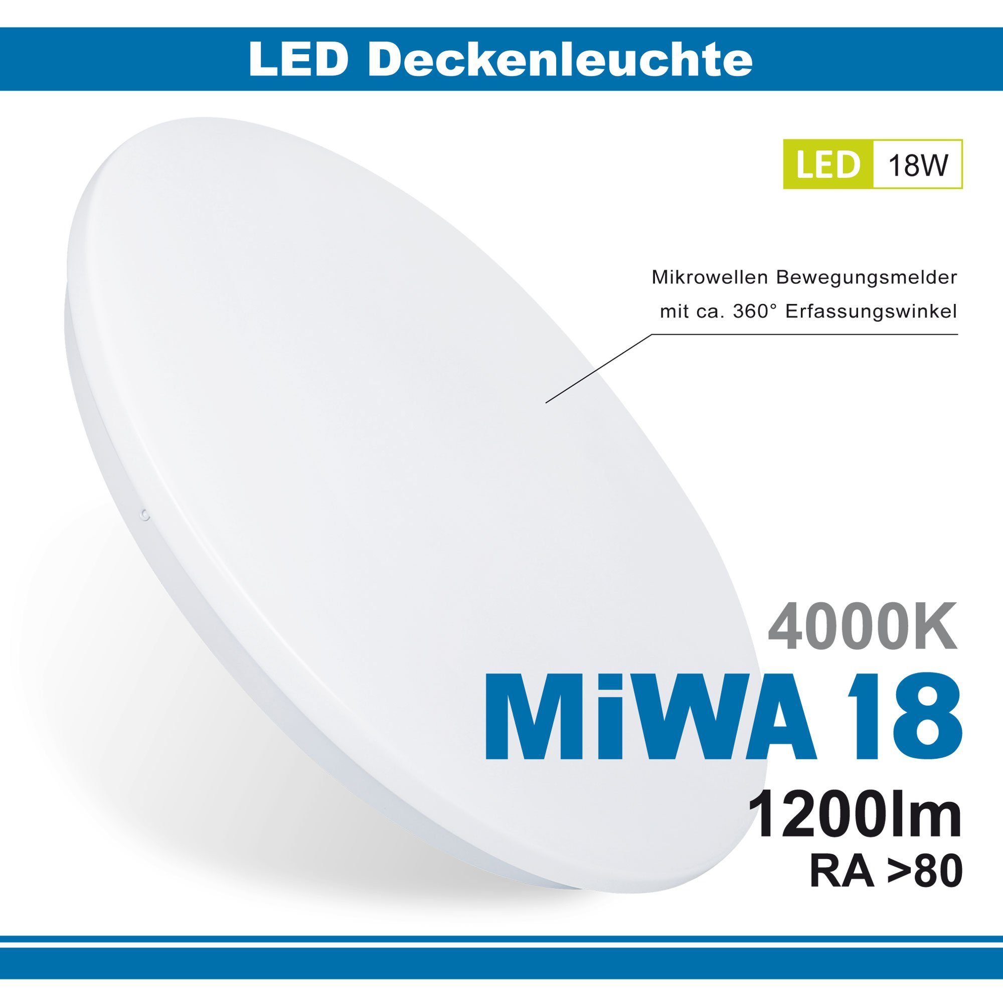 Wandleuchte, LED Deckenlampe, Neutralweiß, fest Deckenleuchte Bewegungsmelder, Maxkomfort IP20, 4000K, Neutralweiß integriert, MIWA, LED Wandlampe, Deckenleuchte, LED, 4000K,