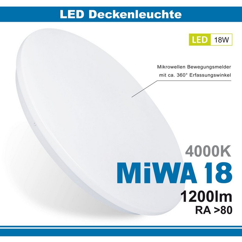 Maxkomfort LED Deckenleuchte MIWA, IP20, LED fest integriert, 4000K,  Neutralweiß, Deckenleuchte, Wandleuchte, Deckenlampe, Wandlampe, LED,  Bewegungsmelder, 4000K, Neutralweiß