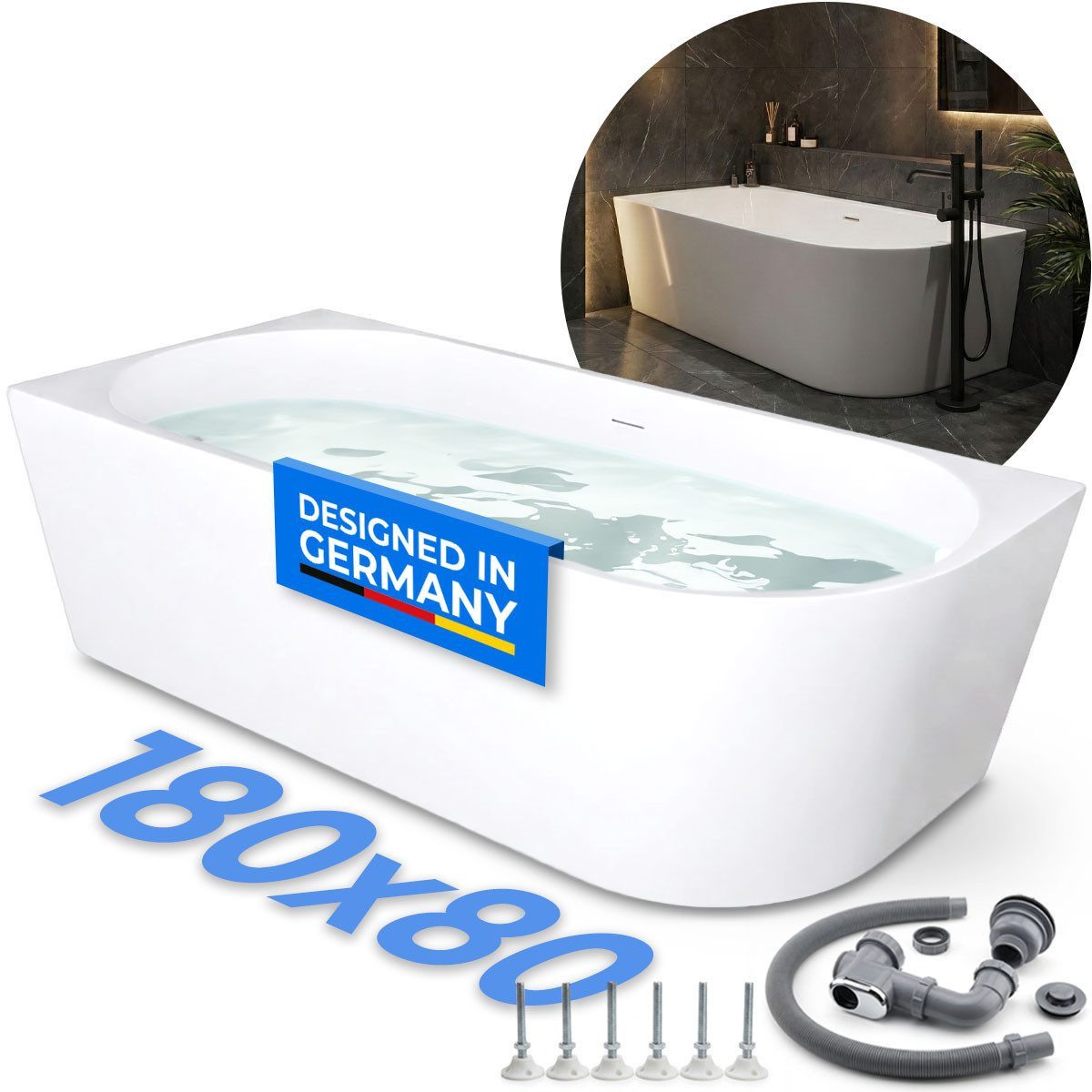 Belvit Badewanne halbfreistehend & freistehend aus Acryl – Eckbadewanne oder oval, Links, Mittig & Rechts, in 180x80 - 170x78 cm, mit Ablaufgarnitur – Bild 2 von 5