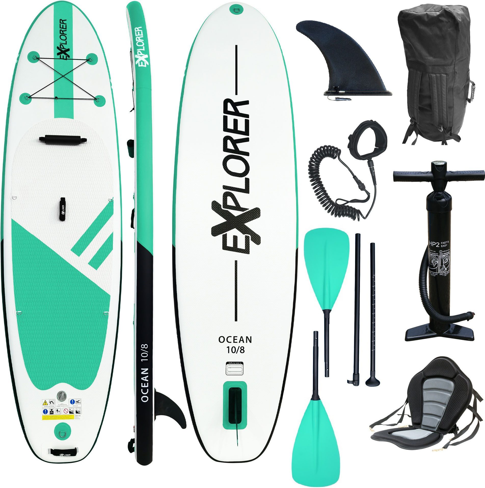 EXPLORER SUP-Board Ocean 10‘8“ Aufblasbares Stand Up Paddle Set (325x84x15cm), (Set, 8 tlg., incl. Zubehör, Kajaksitz, Fußschlaufe)