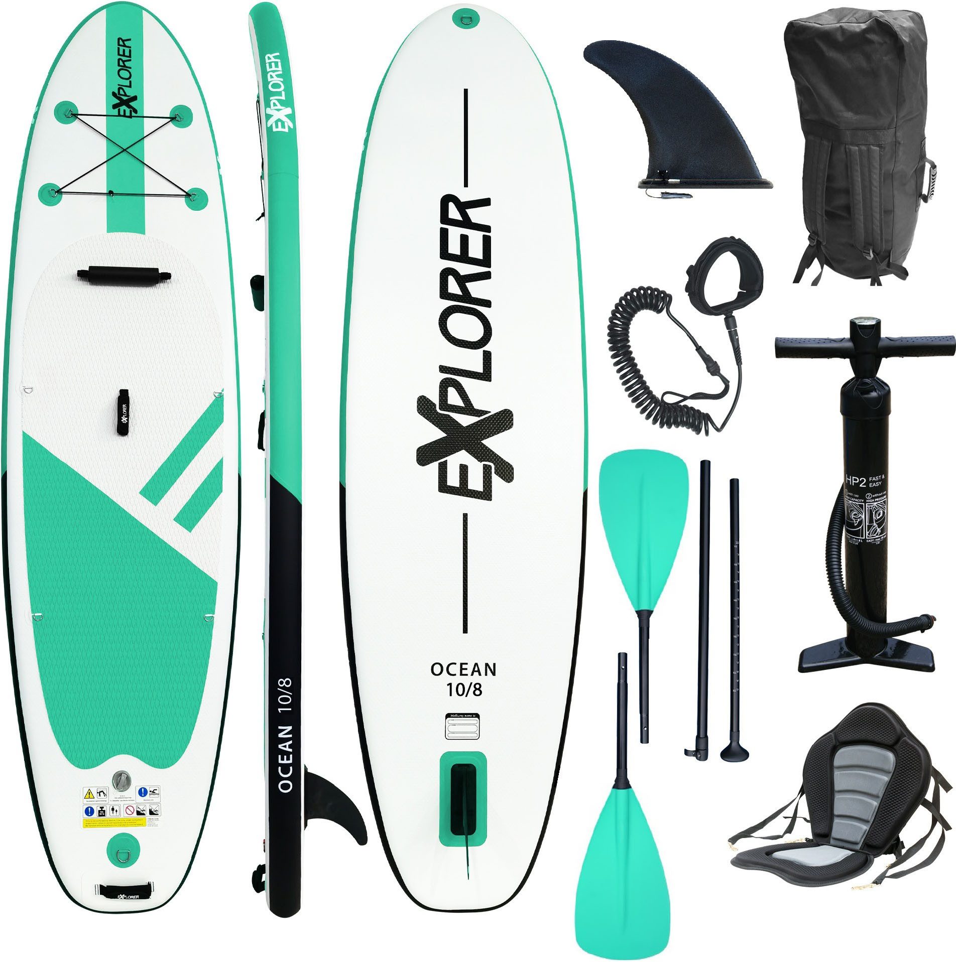 EXPLORER Inflatable SUP-Board Ocean 10‘8“ Aufblasbares Stand Up Paddle Set (325x84x15cm), (Set, 8 tlg., incl. Zubehör, Kajaksitz, Fußschlaufe)