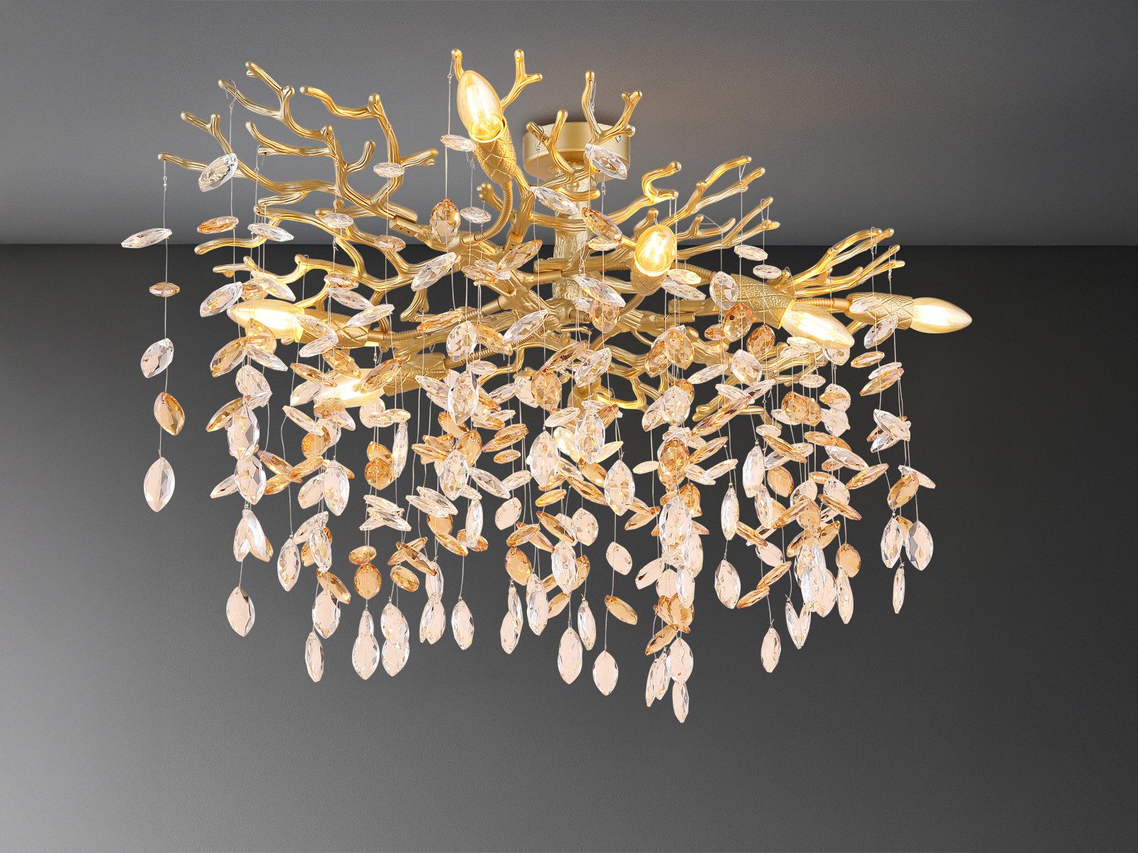 GLOBO LIGHTING LED Deckenleuchte mit Kristall 2-farbig, Breite 85cm, Dimmfunktion, LED wechselbar, Warmweiß, ausgefallene extravagante große Deckenlampe in Zweigoptik, mehrflammig