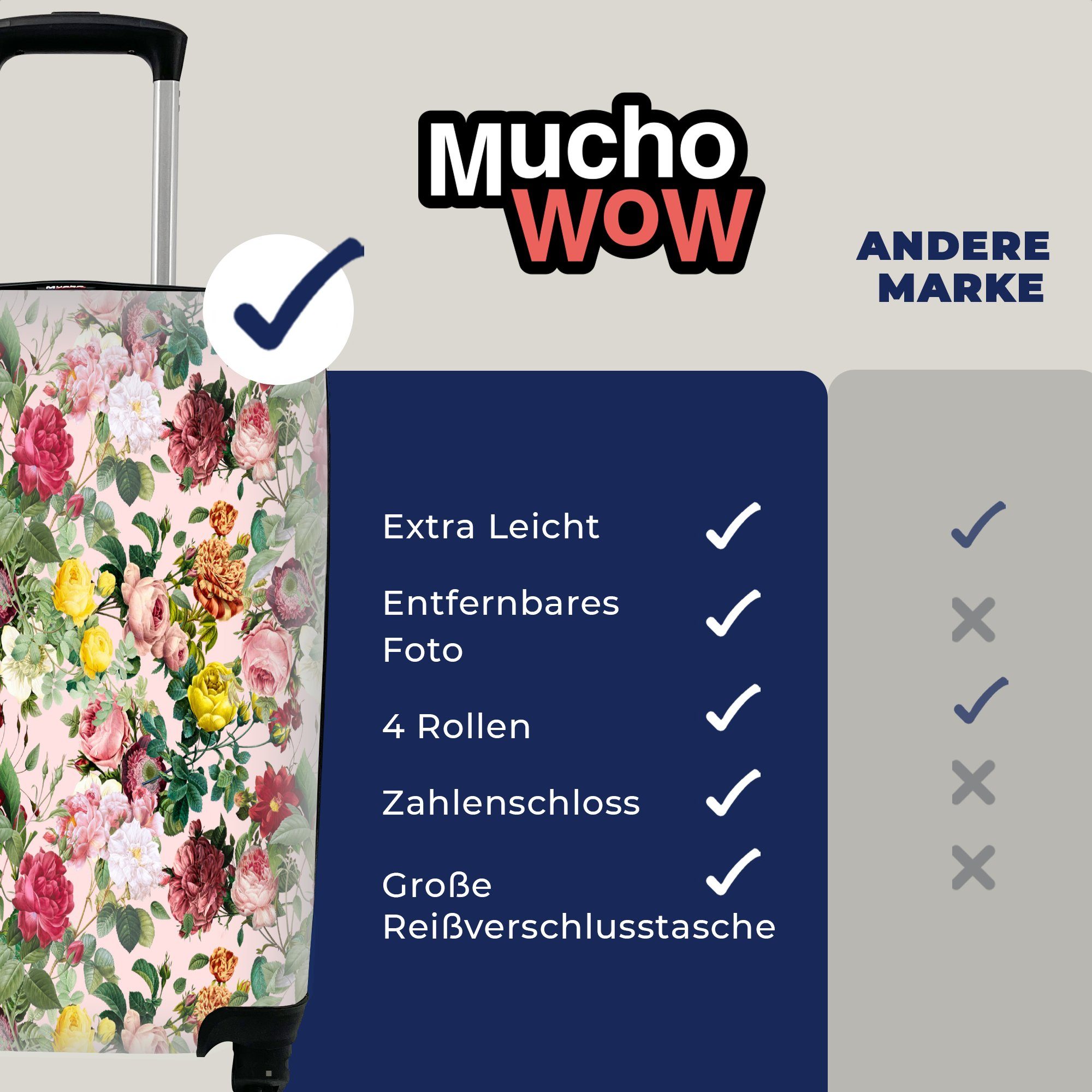 MuchoWow Handgepäckkoffer Blumen - mit Handgepäck Rosen rollen, Ferien, Reisetasche - Rosa, für 4 Reisekoffer Trolley, Rollen