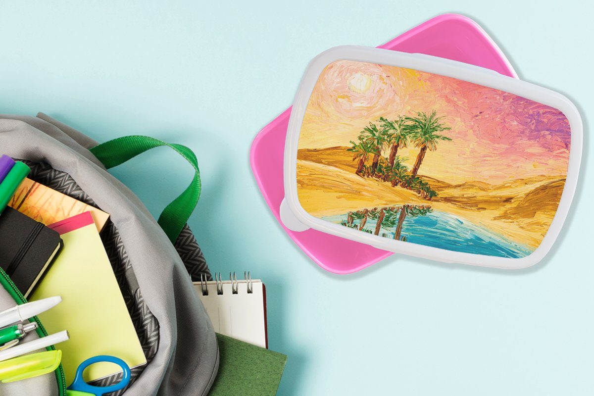 - - - Brotdose Gemälde für Öl Erwachsene, Mädchen, Kinder, Kunststoff, rosa Lunchbox Kunststoff Natur Snackbox, - Palme Brotbox Wasser, (2-tlg), MuchoWow