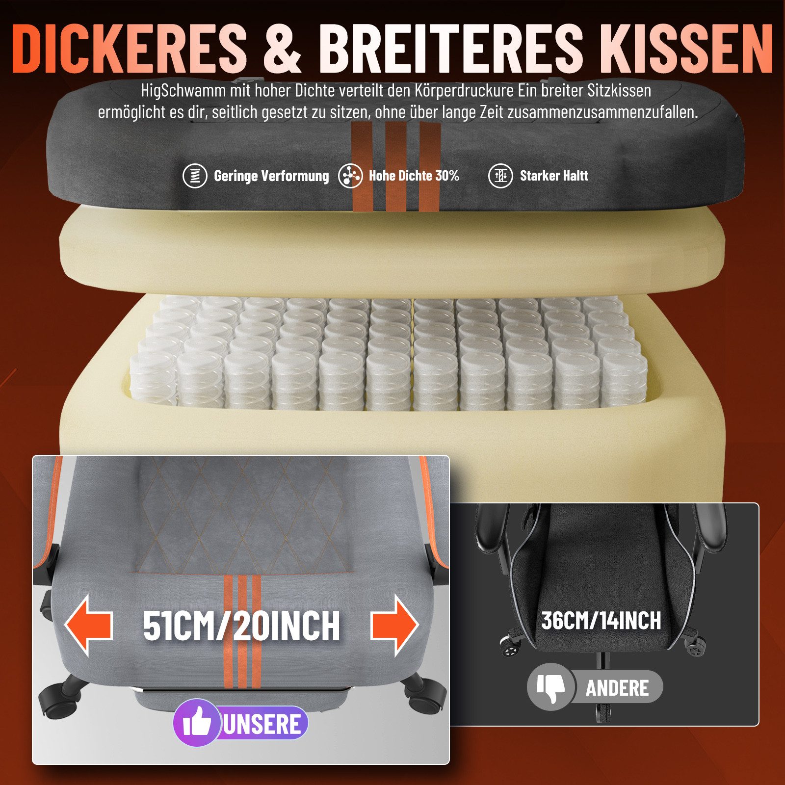 Huracan Gaming-Stuhl Gaming Chair mit Massagefunktion Kopfstütze & Fußstütze, (Gamer Stuhl,Gaming Sessel), Verstellbare Rückenlehne 90-135°,Höhenverstellbar – Bild 5 von 5