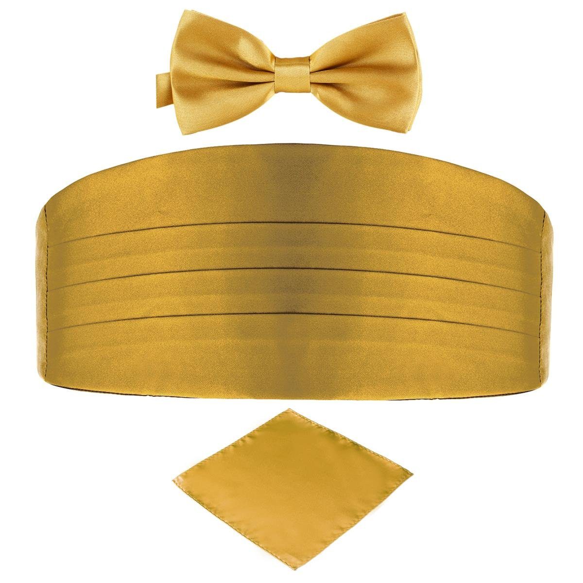 3-St), DonDon Set, 3er farblich glänzend Kummerbund Einstecktuch Set (3er abgestimmt, gleichfarbig, Kummerbund gold und Set, 3er Fliege Seidenlook