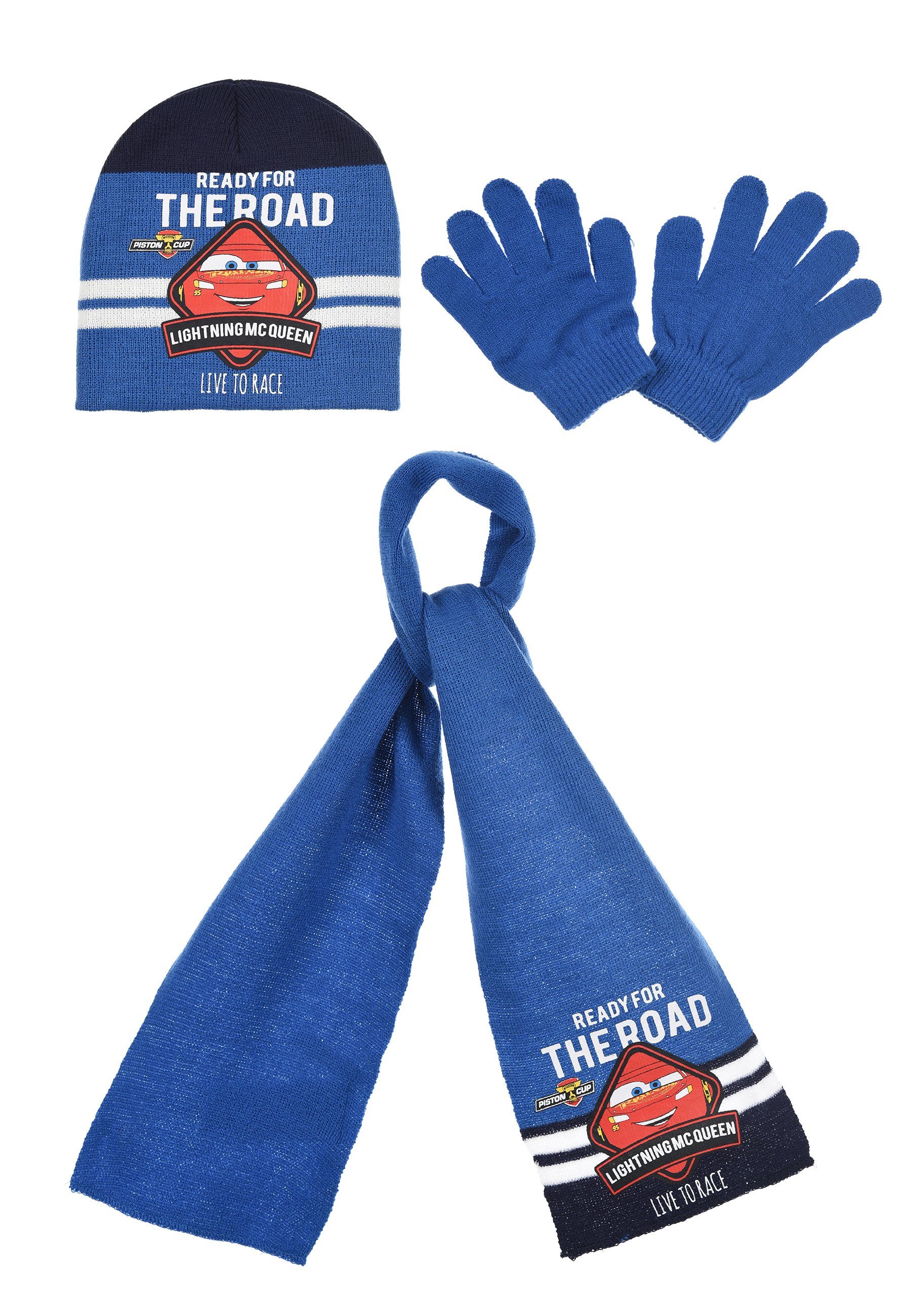 Cars Beanie Kinder Jungen Winter-Set Mütze Schal Handschuhe (SET) Blau
