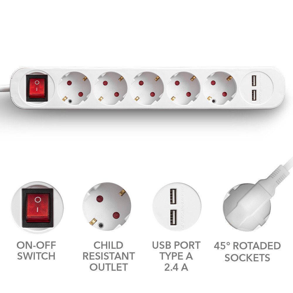 Ausschalter) Kabel TROTEC 1,5 Ein- Steckdosenleiste mit Langes USB-Ladebuchsen, PVH5 2 m / (USB-Anschlüsse,