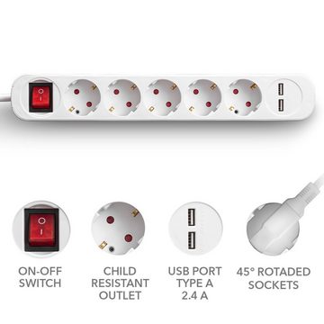 TROTEC PVH5 mit 2 USB-Ladebuchsen, Langes 1,5 m Kabel Steckdosenleiste (USB-Anschlüsse, Ein- / Ausschalter)