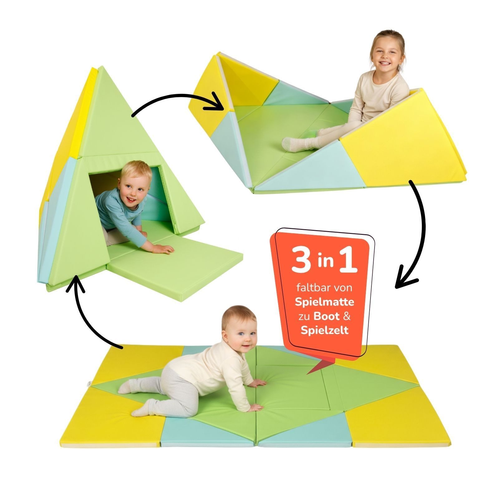 alldoro Spielmatte 3 in 1 Krabbelmatte faltbar zu Tipi-Zelt & Spielboot, für Kinder ab 0, Kunstleder abwischbar, 182 x 105 cm, 4 cm dick gepolstert, ungiftig