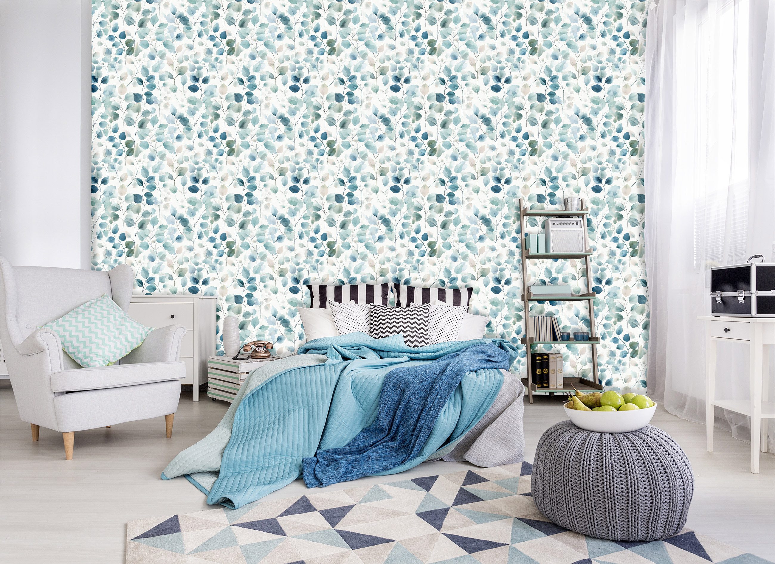 Wallarena Vliestapete Blau Weiß Blätter Zweige Natur Wohnzimmer Schlafzimme günstig online kaufen