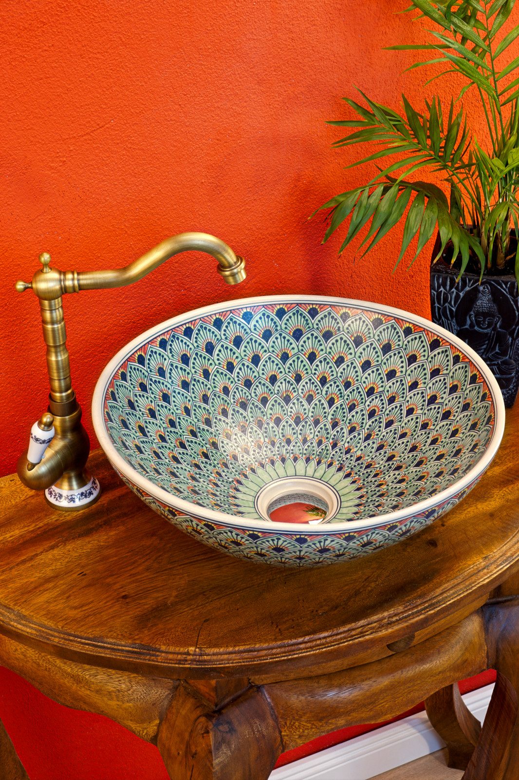 Kinaree Aufsatzwaschbecken Keramik Waschbecken SUKHUMVIT, Keramik, Handbemalt, Rund, Pfauenmuster, Federn
