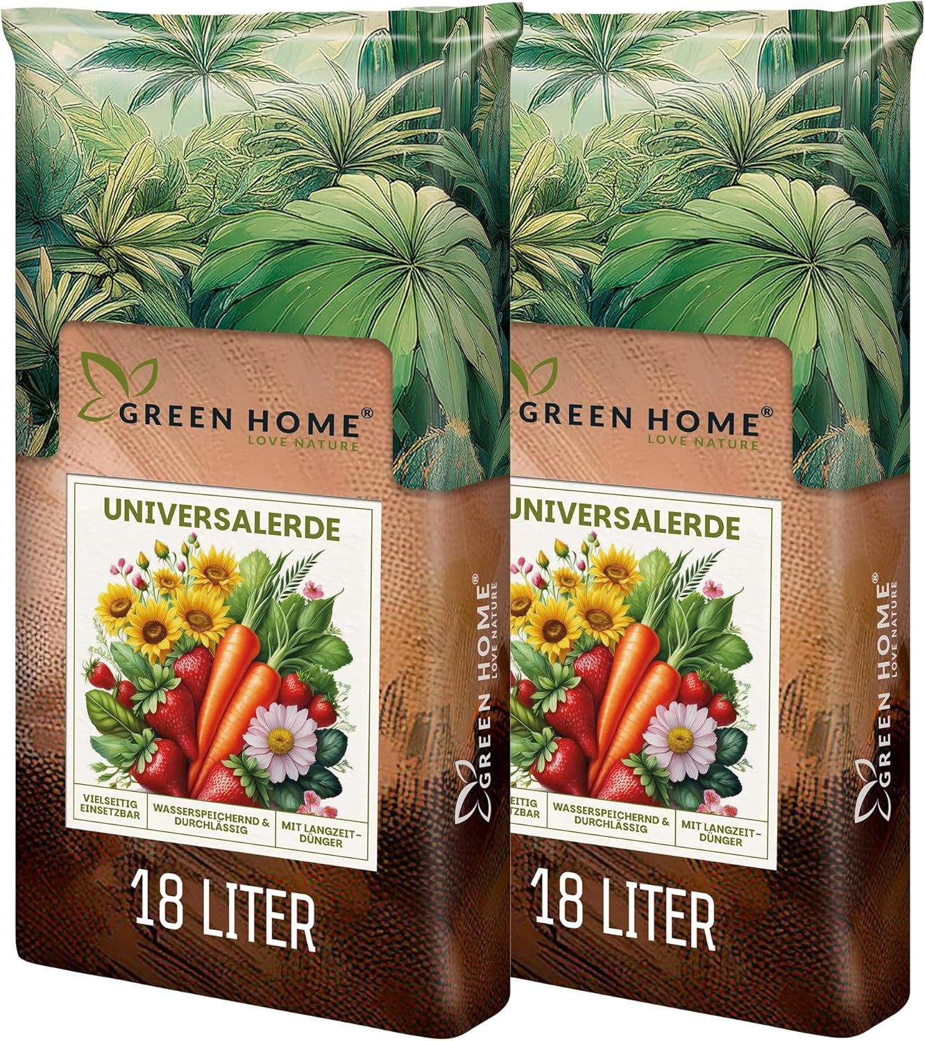 GREEN HOME LOVE NATURE Pflanzerde Universalerde für Zimmerpflanzen, Balkon & Garten, strukturstabil 18 L, 36 L, 72 L, Langzeitdünger, Perlite, Kokosfasern, pH 5,8, gute Drainage