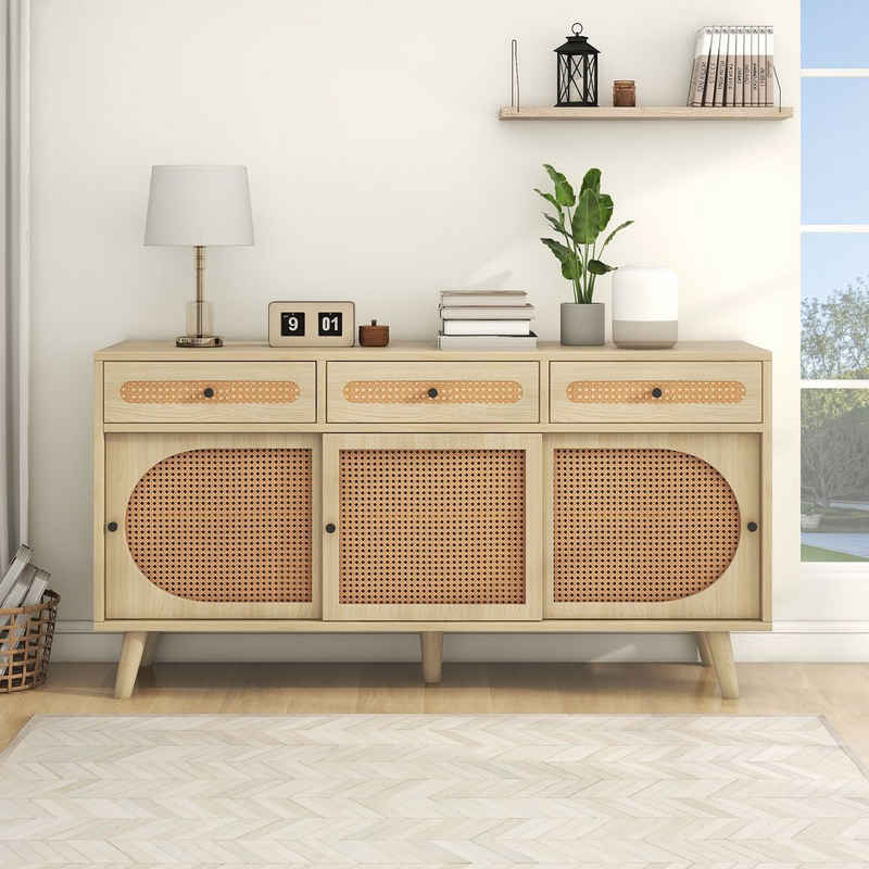 Merax Sideboard Landhausstil mit Schublade und 6 Fächer, Kommode mit Rattangeflecht, Anrichte, TV-Board, B:140cm