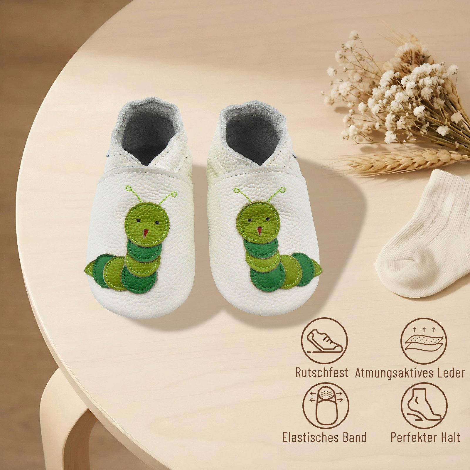 Basrakids Weiche Leder Krabbelschuh Hausschuhe Lederpuschen Raupe weiß Lauflernschuh Handgenäht, weiche, leichte, flexible, rutschfest