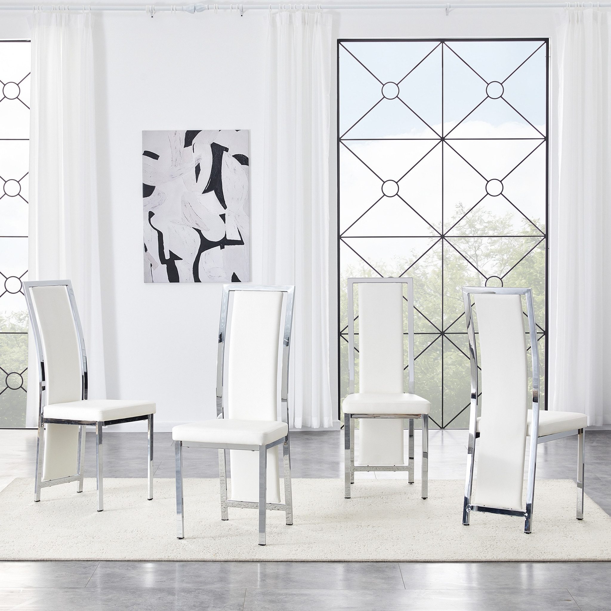 MC Star Esszimmerstuhl [4er-Set]Europäische Minimalistische Esszimmerstühle mit Silberkante. (Weißes PU-Leder + Silberglanz Metallrahmen, 109 cm hoch, für vielseitige Einsätze wie Esszimmer, Büro usw)