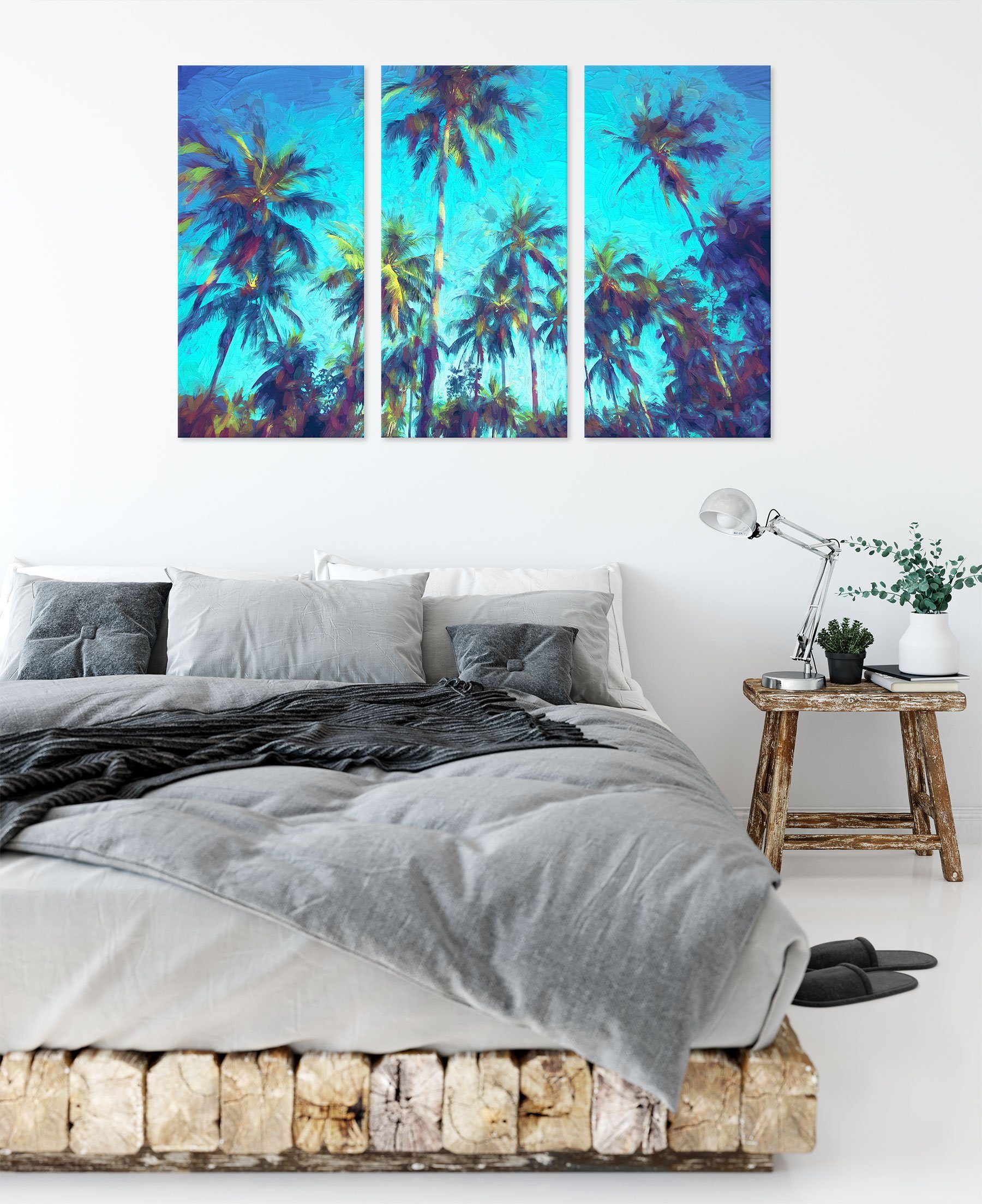 Zackenaufhänger fertig Palmen (1 Leinwandbild inkl. Tropische Pixxprint 3Teiler Leinwandbild (120x80cm) St), bespannt, Palmen Kunst Kunst, Tropische
