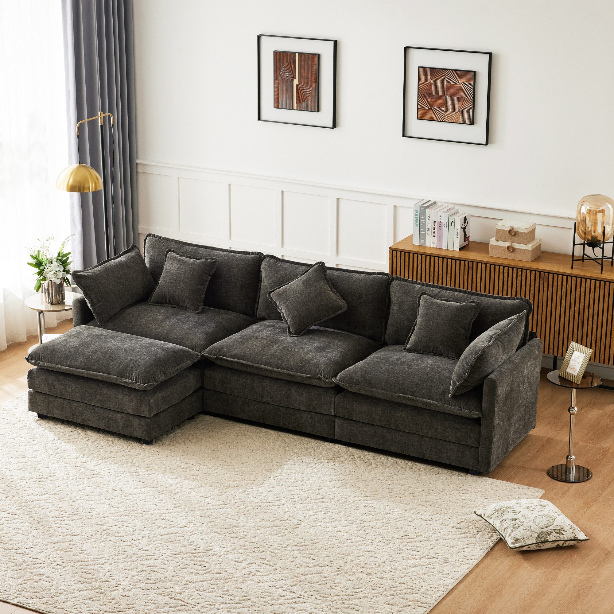 HAUSS SPOLE Ecksofa Schlafsofa Dreisitzer-Polstersofa it Fußstütze, Kissen, Chenille-Stoff