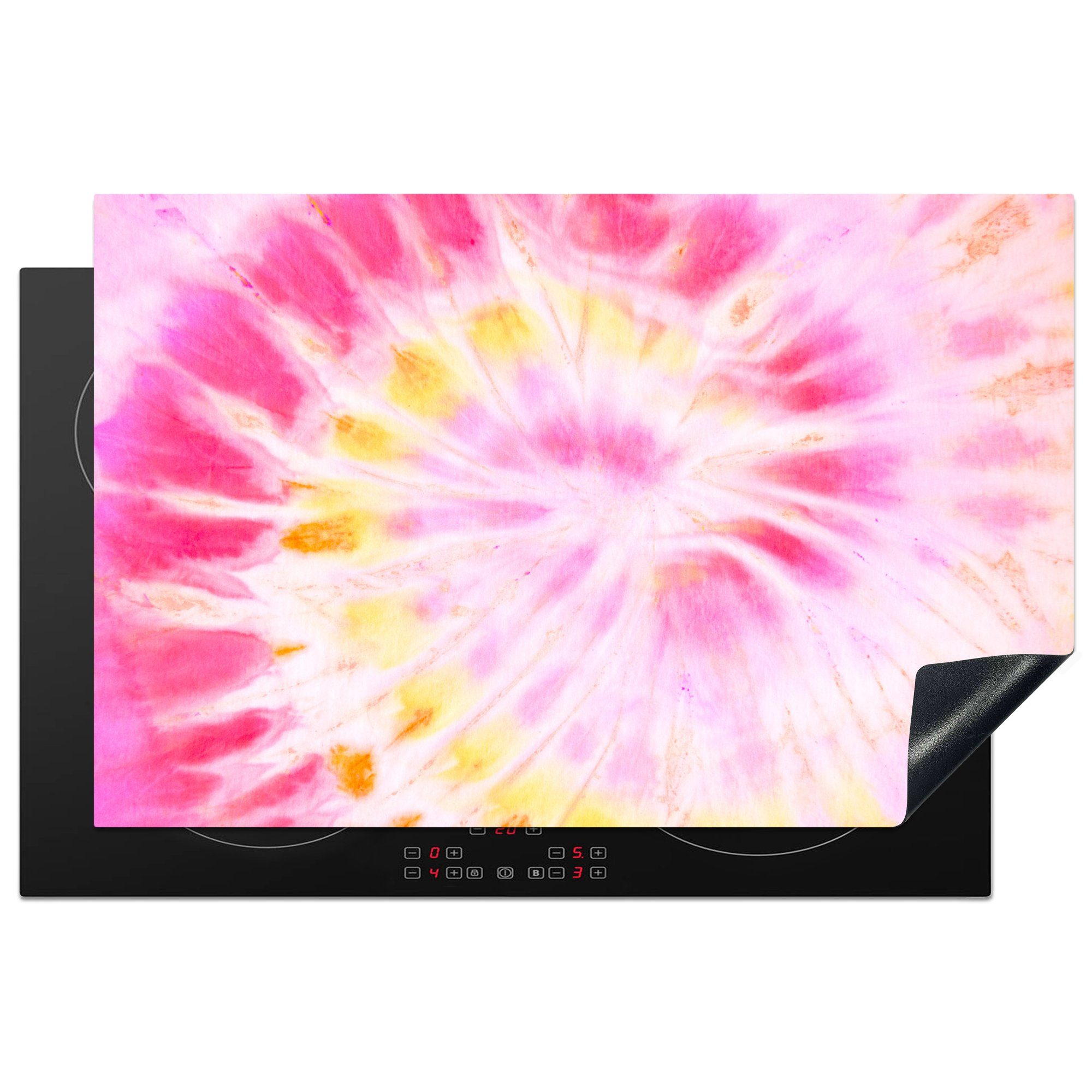 MuchoWow Herdblende-/Abdeckplatte Sommer - Krawattenfärbung - Rosa - Gelb, Vinyl, (1 tlg), 81x52 cm, Induktionskochfeld Schutz für die küche, Ceranfeldabdeckung