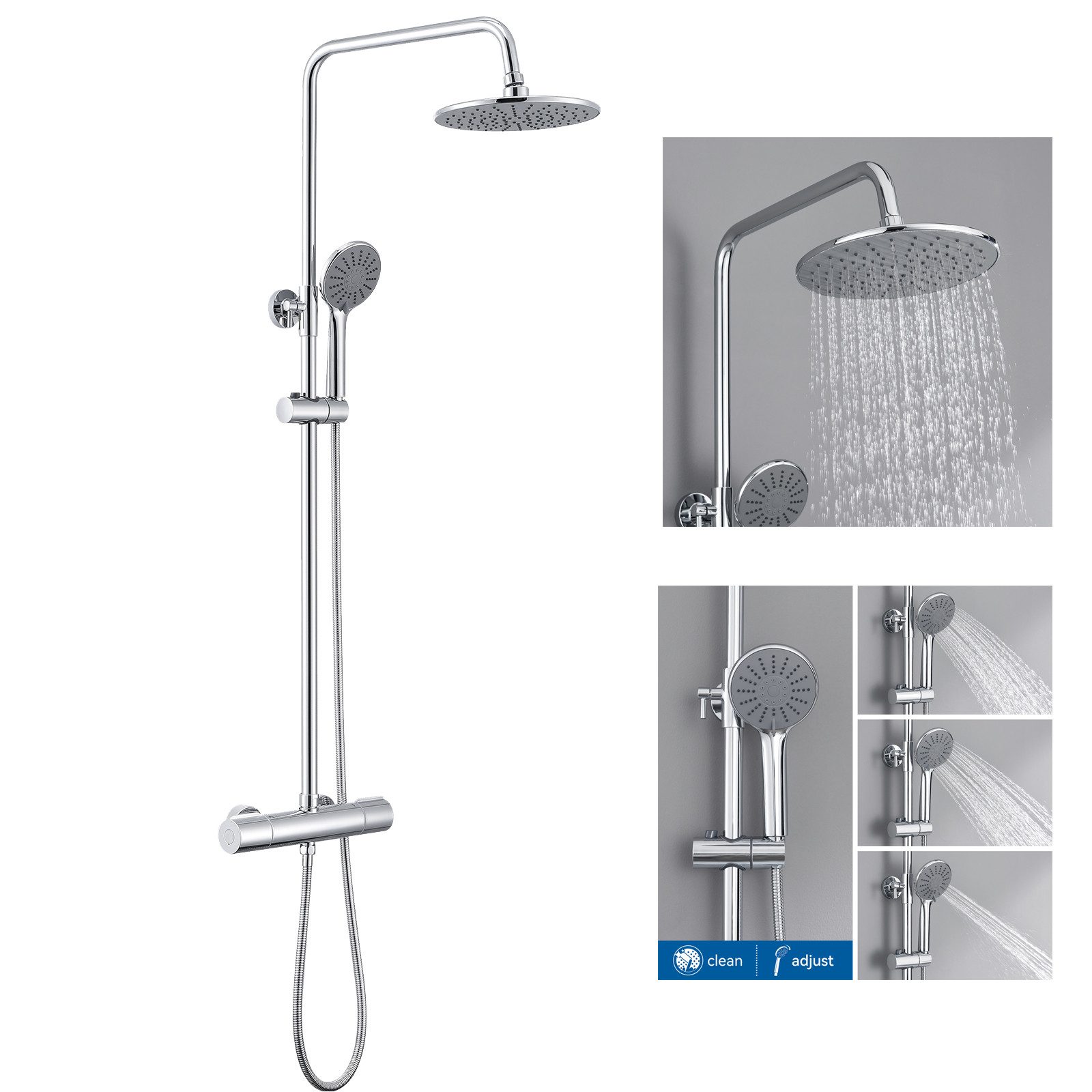Duschsäule Regendusche Duschsystem mit Thermostat, Höhenverstellbar 80-110cm