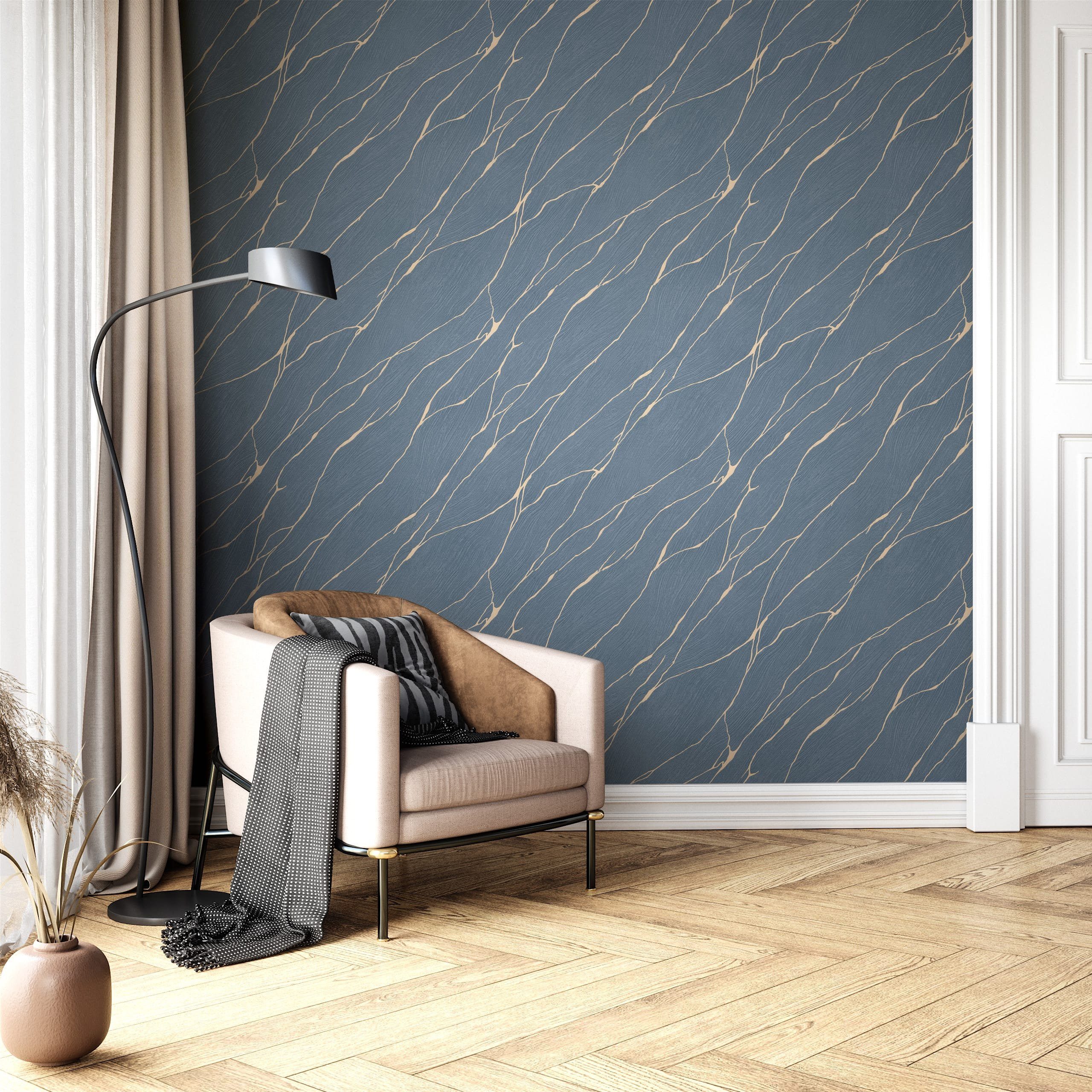 Newroom Vliestapete Priamo Blau Tapete Mustertapete Marmor, Leicht glänzend, strukturiert, Marmortapete – Bild 5 von 5