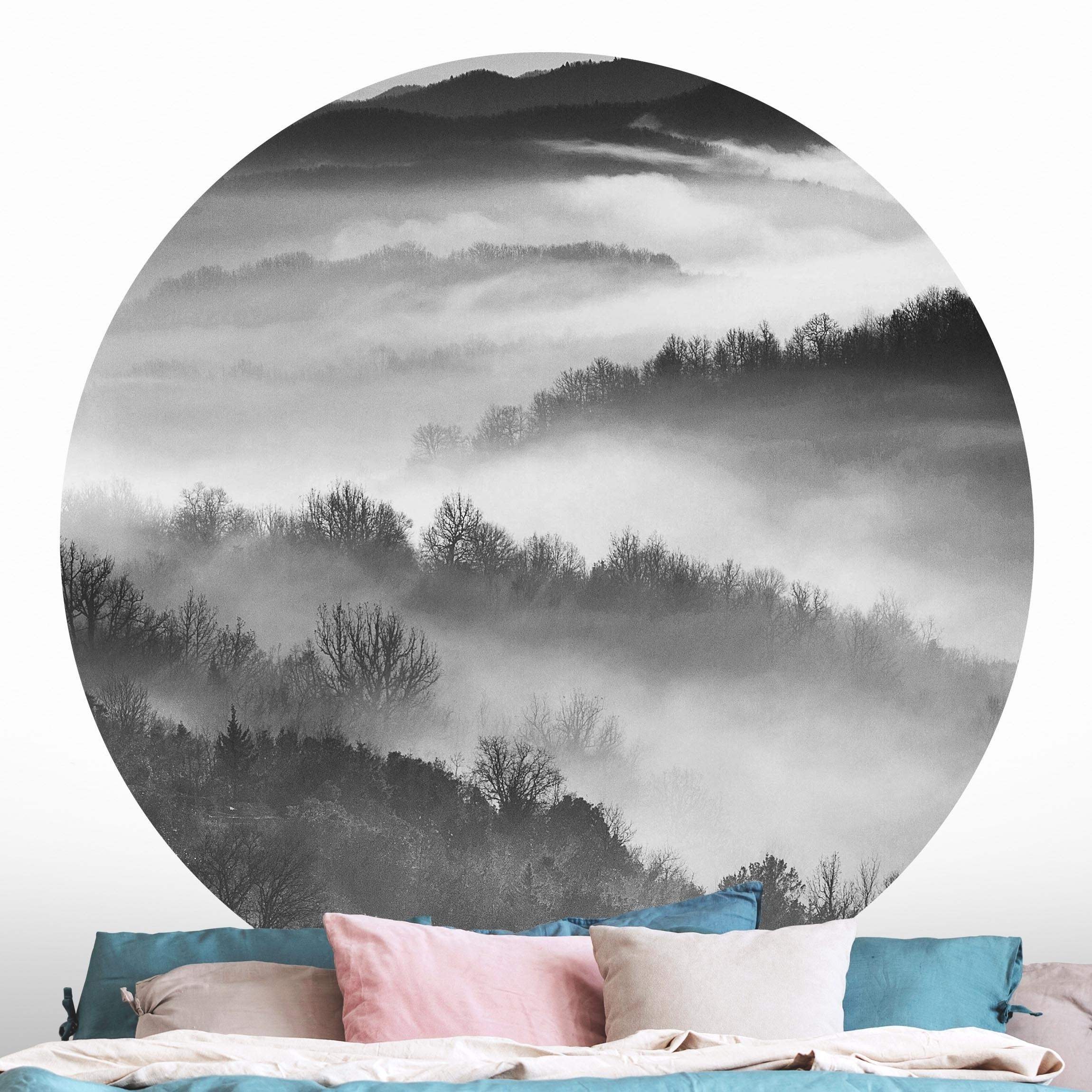 Bilderdepot24 Fototapete rund Nebel Sonnenuntergang Schwarz Weiß, Glatt, Matt, (Vliestapete selbstklebend), Wohnzimmer Schlafzimmer Küche Wandtattoo Motivtapete Klebe Wandtapete
