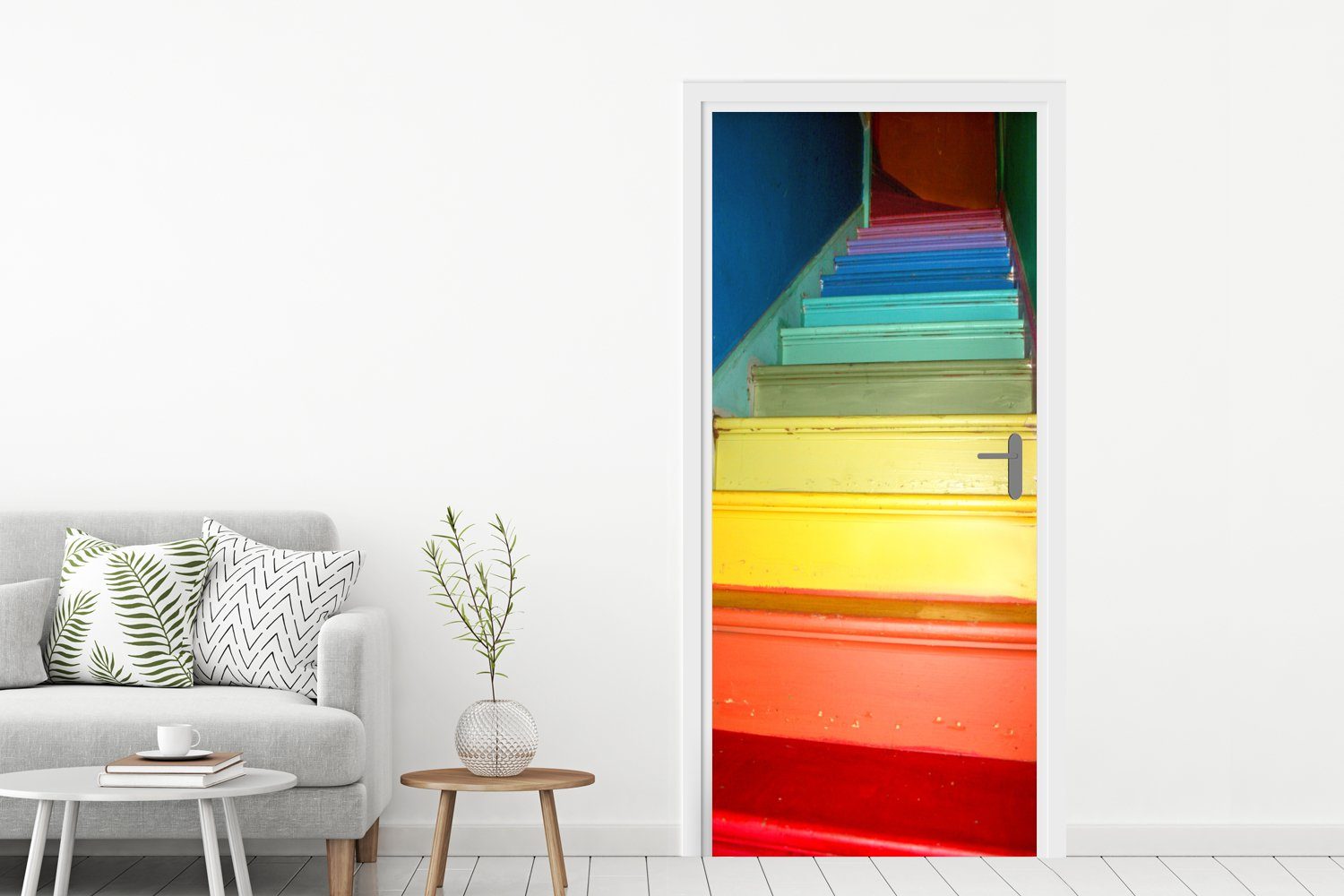 cm in Farben den St), (1 Türaufkleber, Treppe Fototapete des Regenbogens, Matt, für MuchoWow 75x205 bedruckt, Tür, Türtapete