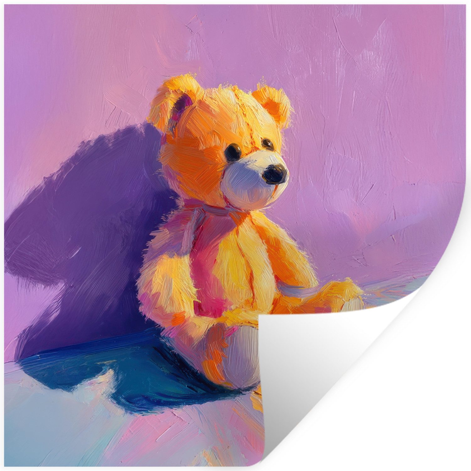 MuchoWow Wandsticker Teddybär - Schatten - Pinselstriche - Lila (1 St), Wandaufkleber, Selbstklebend, Wohnzimmer, 100x100 cm
