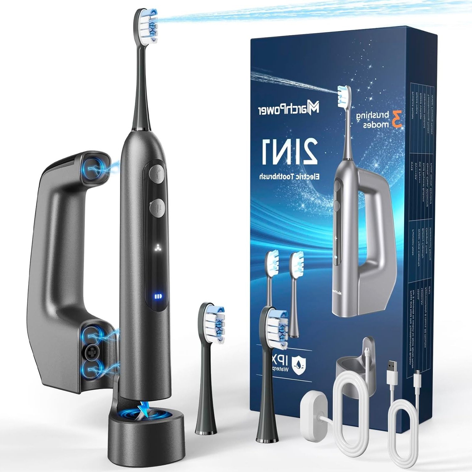 Elegear Elektrische Zahnbürste 3-in-1 Sonic Electric Zahnbürste mit Wasserflosser 46° Sweep-Vibration, 3 Putzmodi + 4 Bewässerungsmodi, 2 Aufsteckbürsten, IPX7, tragbar