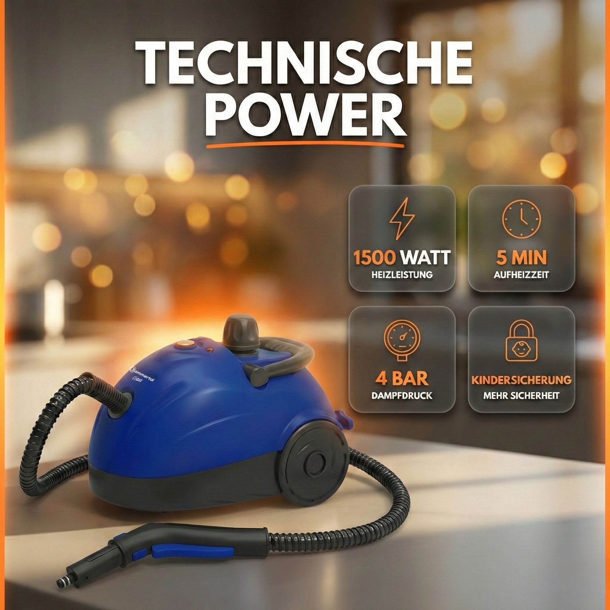 Sommertal Handdampfreiniger Sommertal XXL SC1000 Dampfreiniger Handgerät 1500 W, 1500 W, 1100 ml Tank, 16-teiliges Zubehörset, Steam Cleaner