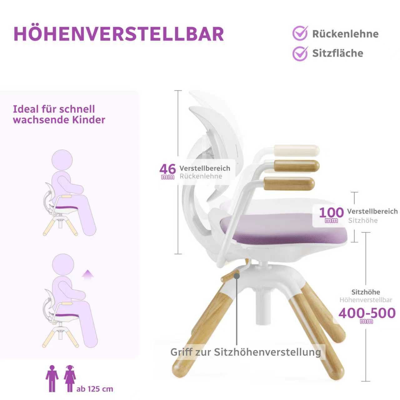 HOKO Kinderstuhl höhenverstellbar für Kinder & Jugendliche (Kinderdrehstuhl mit Holzbeinen, dynamisch mitbewegende Rückenlehne, Sitzhöhe von 40 bis 50 cm, 1 St), 360° drehbar, rutschhemmenden Füßen, Sitzfläche neigbar, Rosa, LAURA
