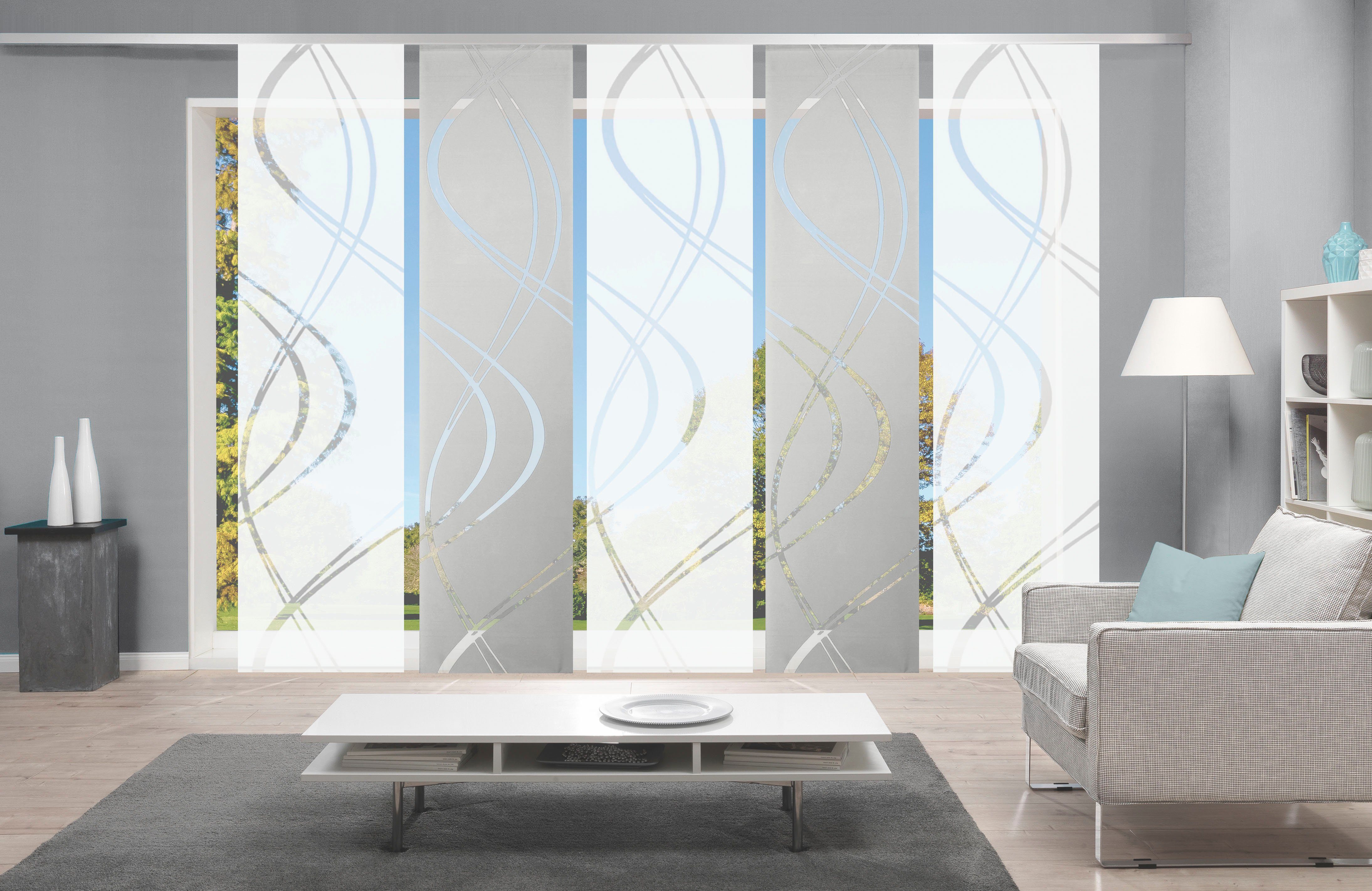 HOME WOHNIDEEN Schiebegardine TIBERIO (5 St), Paneelwagen, halbtransparent, Kombination aus Weiss und Grau