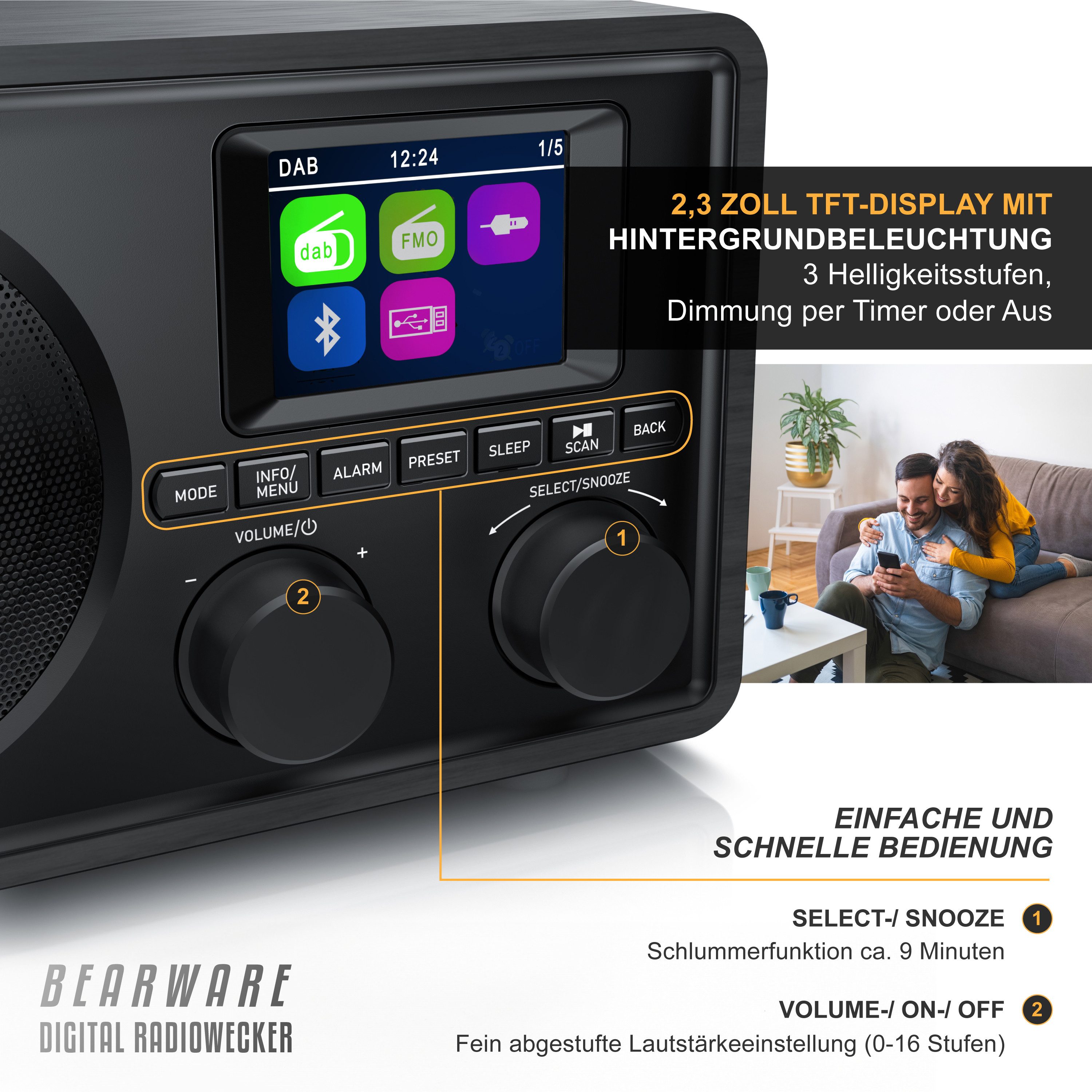 BEARWARE Radio mit TFT Display, Küchenradio digital, UKW FM, Wecker, Bluetooth Digitalradio (DAB) (Digitalradio (DAB), UKW (FM), Automatischer & manueller Suchlauf, Equalizer, DAB, USB, AUX, 2 Alarme)